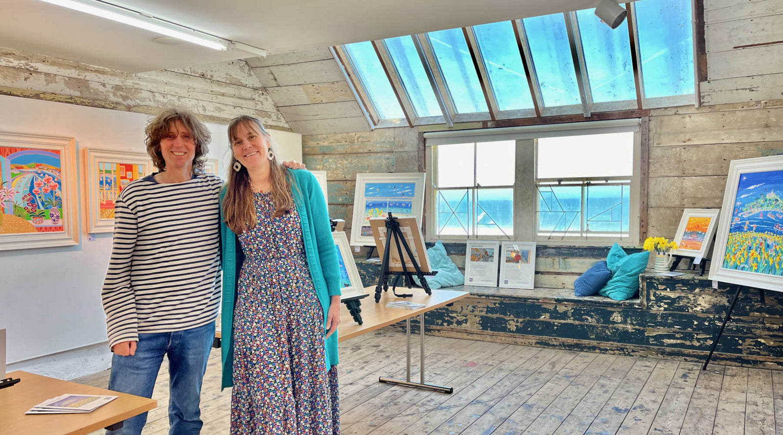 Cornish artists John Dyer and Joanne Short in the Porthmeor Studios St Ives exhibiting their Beach Art