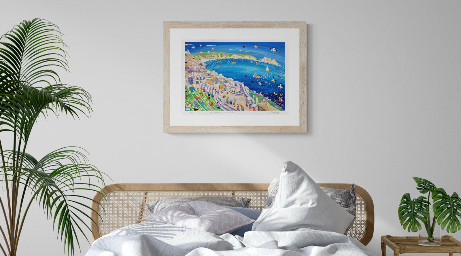 John Dyer coastal wall art print of the Minack Theatre in Cornwall in a beach house art bedroom setting