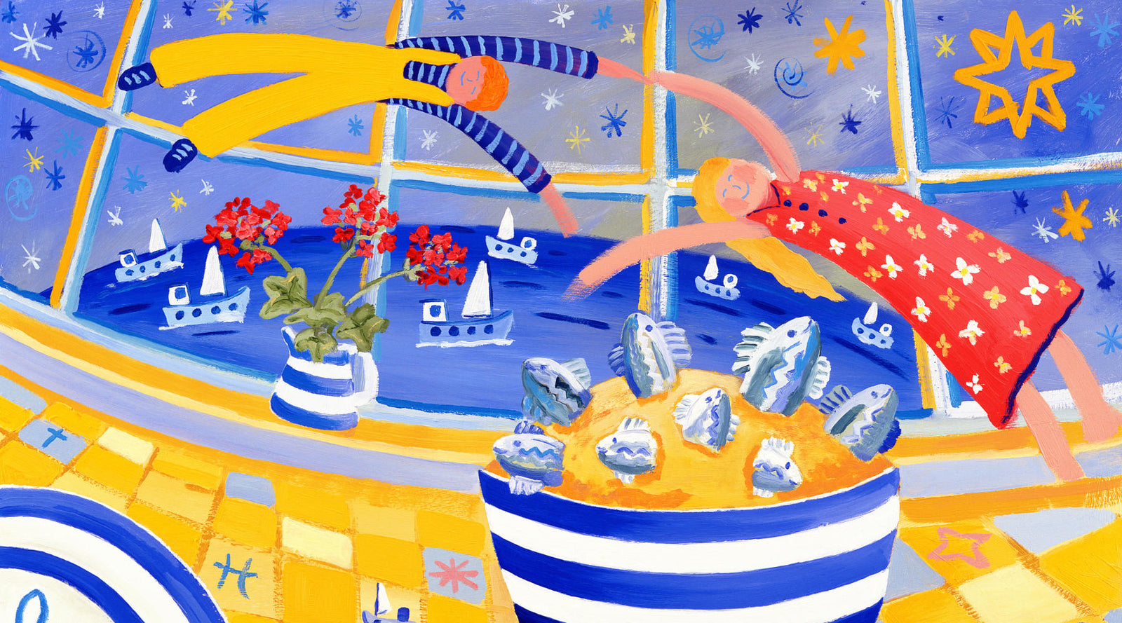 John Dyer figurative painting featuring 'star gazer' pie in Cornwall and two overs celebrating.