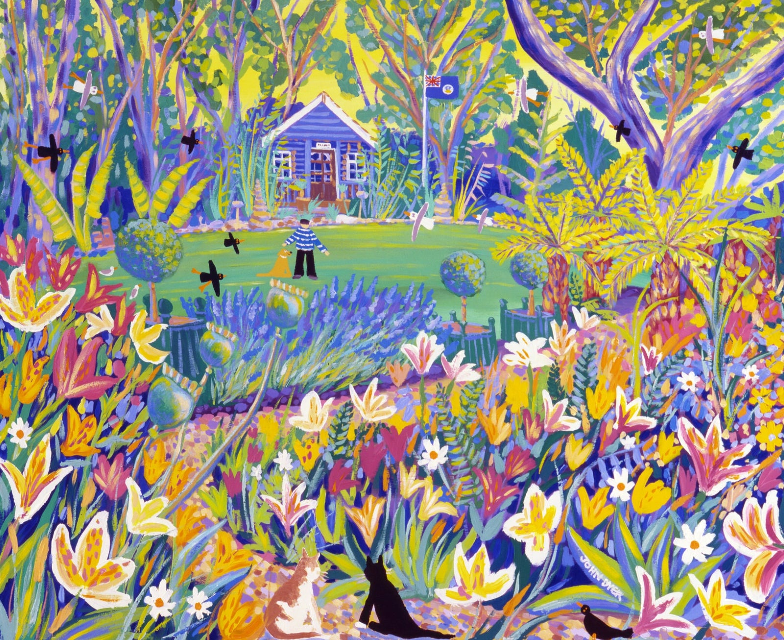 Alan Titchmarsh and his dog Grace painted by British artist John Dyer in teh Barleywood Garden - BBC Gardeners World