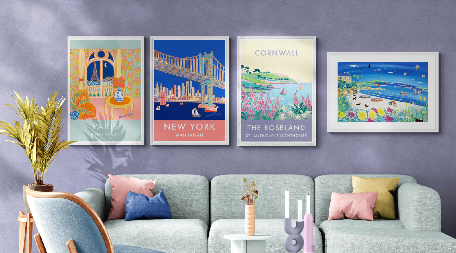 A selection of colourful art poster prints and framed prints for sale in a contemporary room