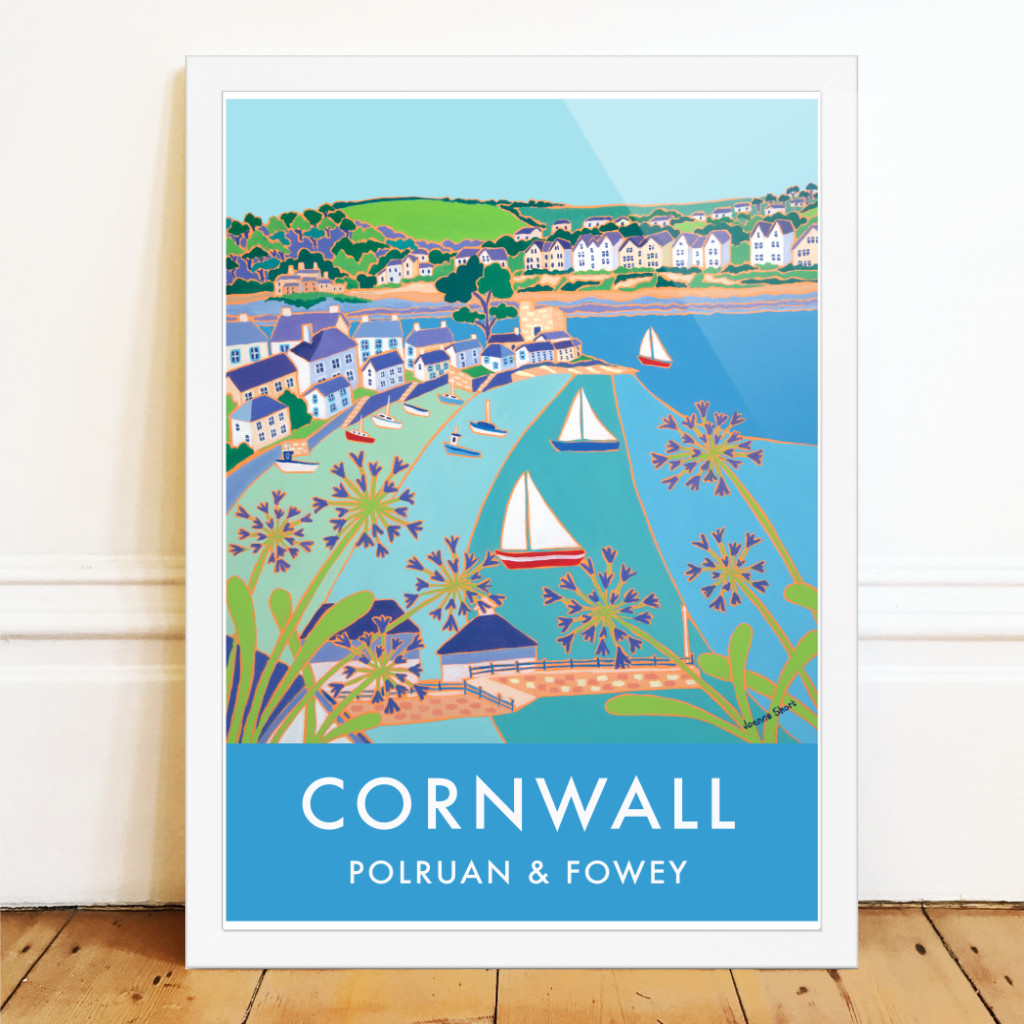 Vintage style seaside travle art pister of boats sailing into Polruan and Fowey by Joanne Short