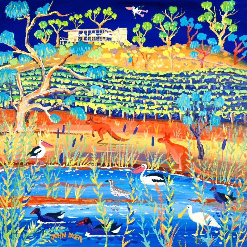 John Dyer signed print of Banrock Station in Australia with Spoon bills, kangaroos, pelicans, gum trees and grape vines