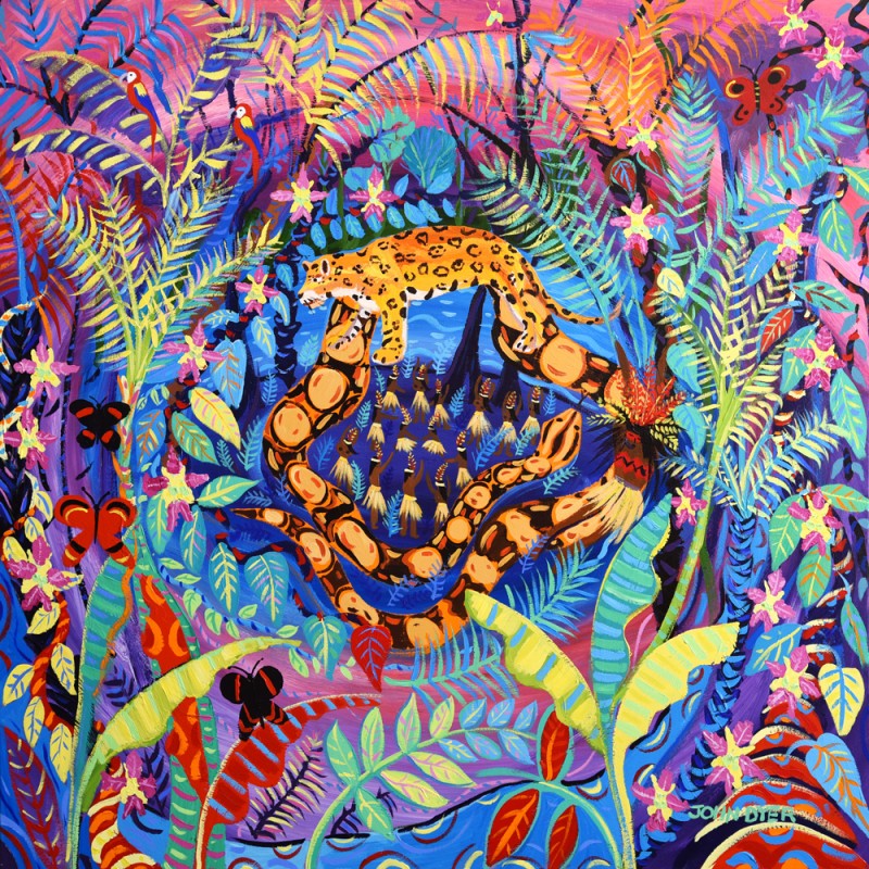 John Dyer limited edition print. Amazon rainforest Yawanawa tribal ceremony. Jaguar, boa constrictor, Ayahuasca flowers, jungle, rainforest