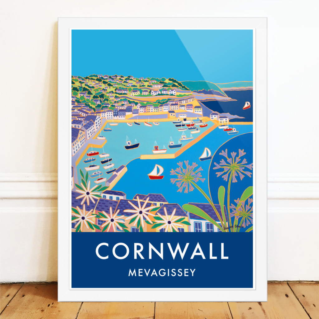 Joanne Short retro style art poster of Mevagissey in Cornwall with agapanthus, fishing boats and blue sea