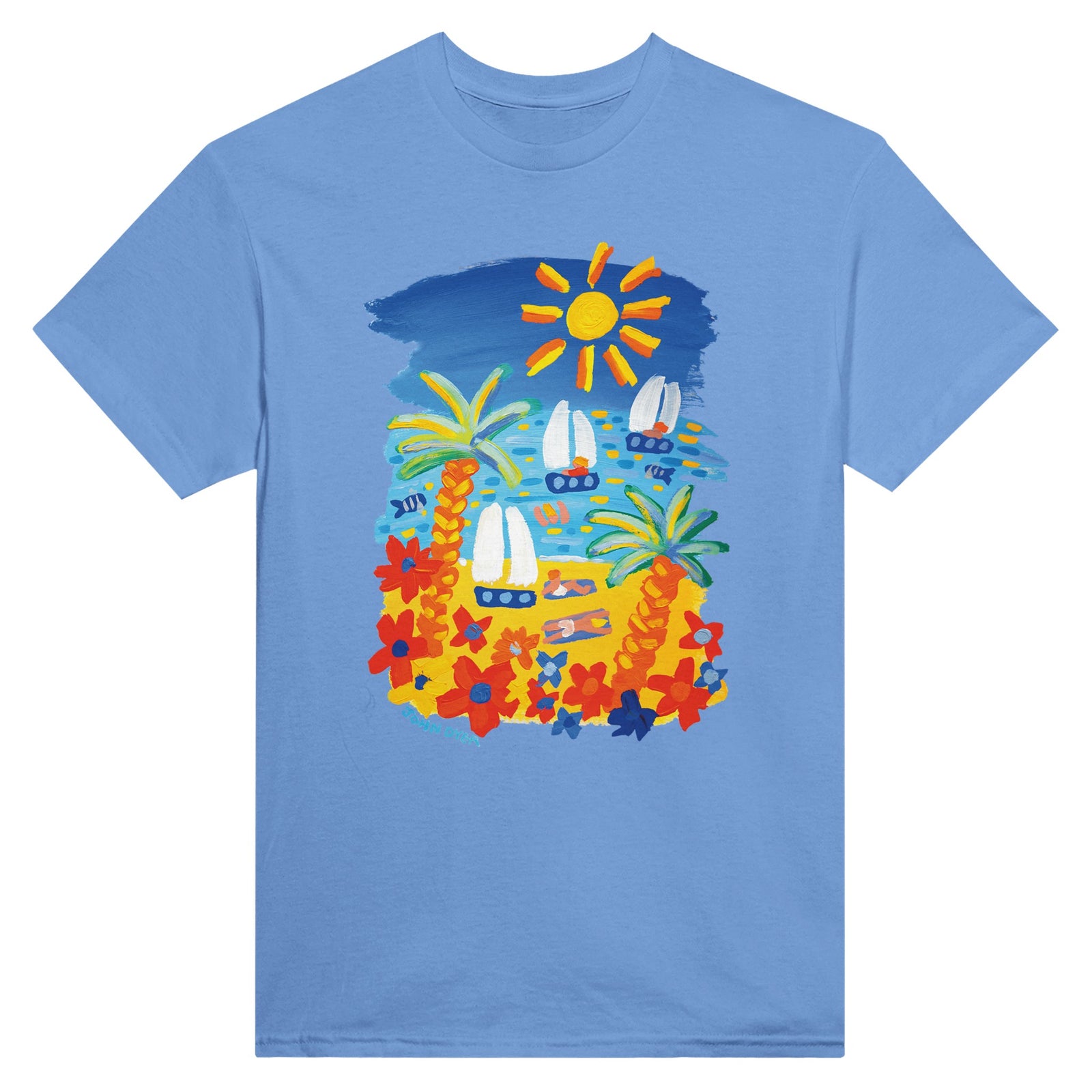 Pink John Dyer Unisex Seaside 'Beach Vibes' Art Cornwall T-Shirt. Cornwall Art Gallery