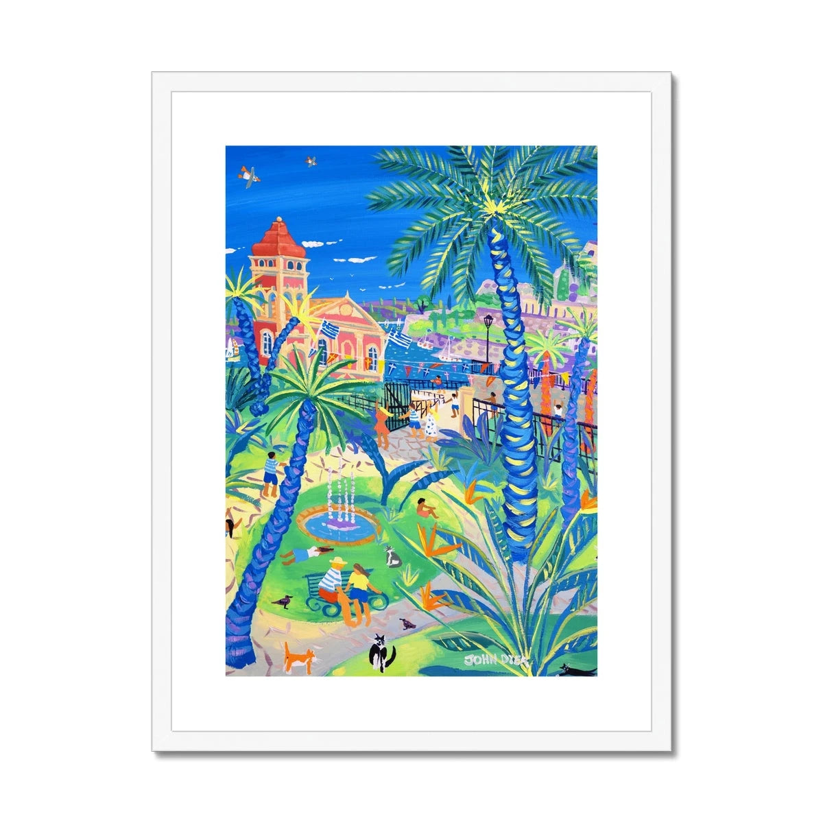 John Dyer Greece Artwork. Framed Open Edition Art Print. 'Cats, Families, and Fun in the Garden of the People, Corfu Town Greece'. Greek Art Gallery John Dyer