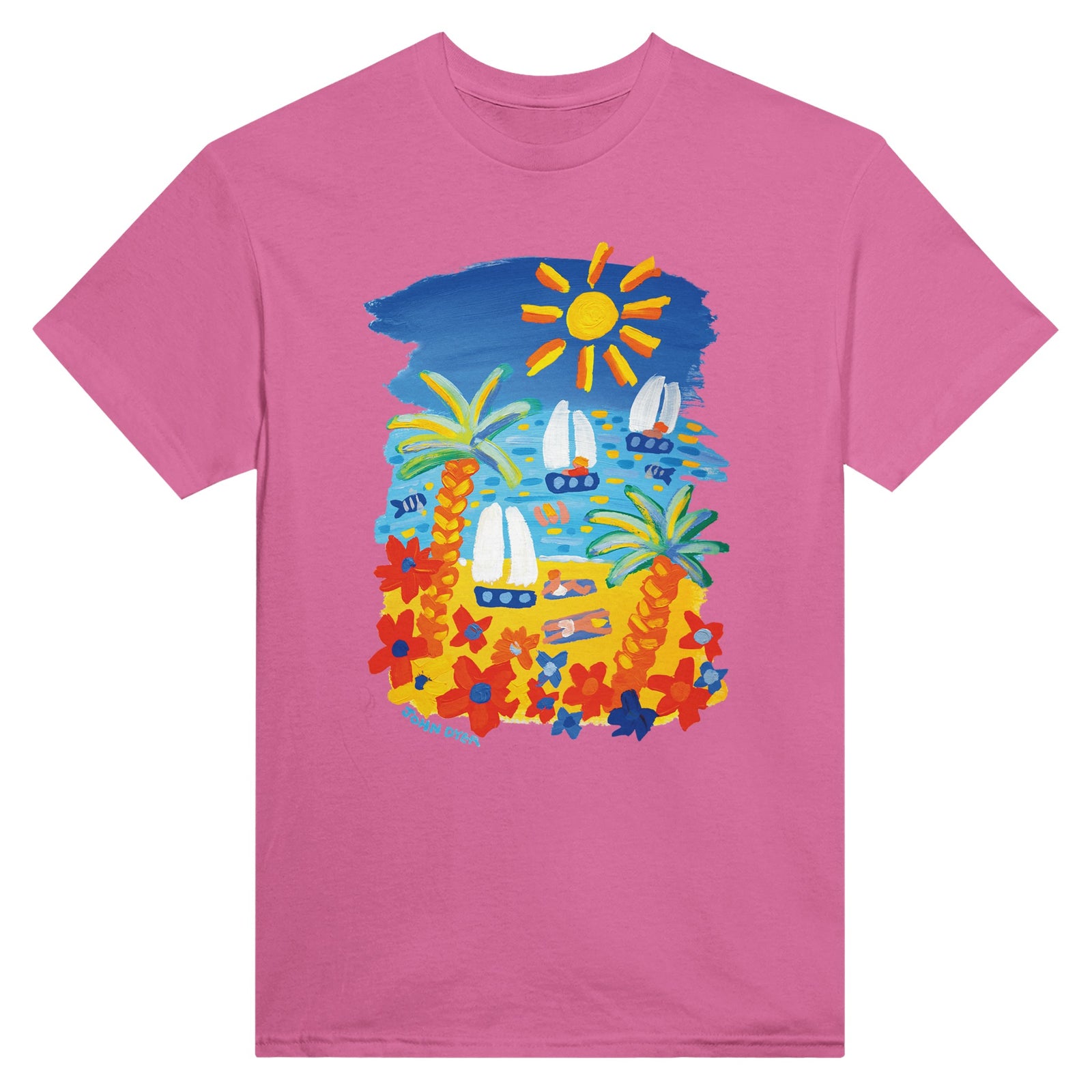 Pink John Dyer Unisex Seaside 'Beach Vibes' Art Cornwall T-Shirt. Cornwall Art Gallery