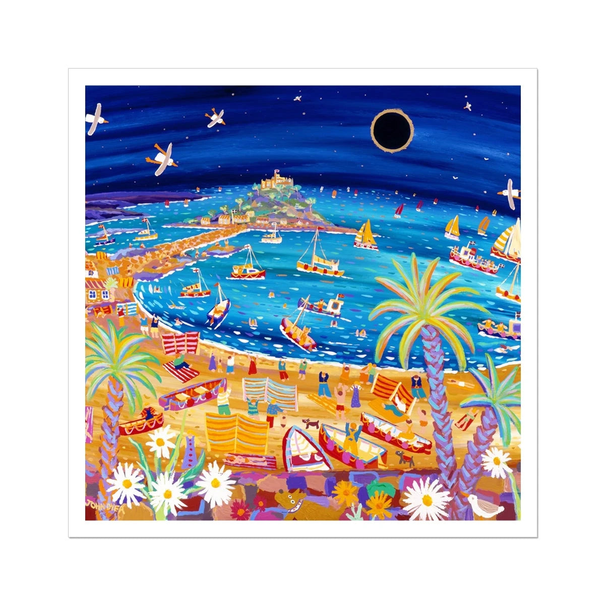 John Dyer Fine Art Beach Print 'Excitement under the Stars, Mount's Bay Eclipse, Cornwall'. Open Edition Cornish Art Print John Dyer