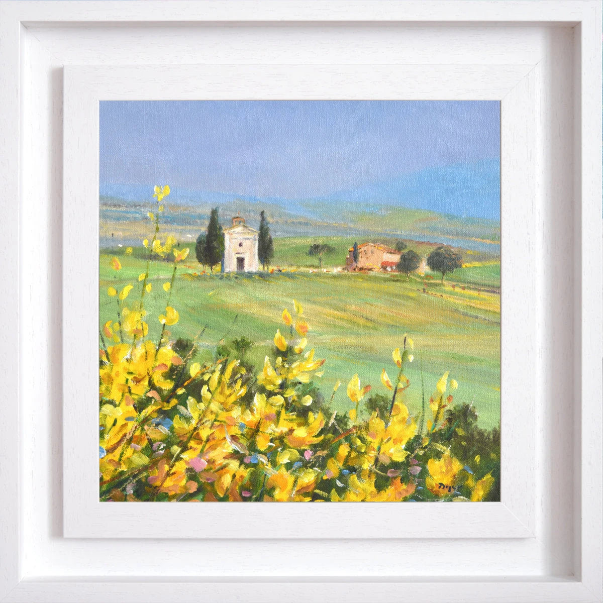 'Small Church on the Hill and Wild Broom, Vitaleta, Tuscany, Italy', 12x12 inches oil on canvas. Painting by Artist Ted Dyer. Ted Dyer