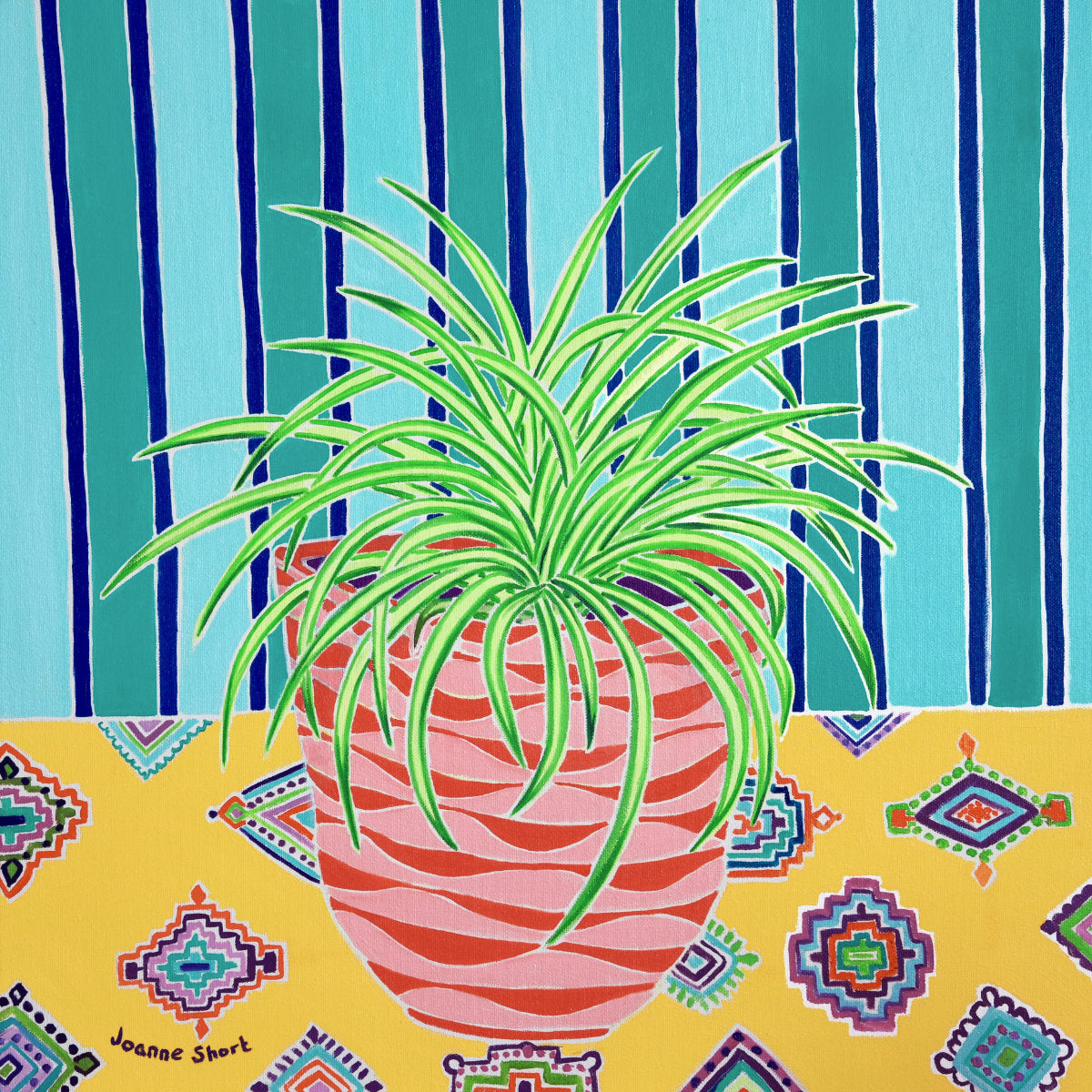 'Spider Plant on a Patterned Cloth',
18x18 inches oil on canvas. Painting by Cornish Artist Joanne Short