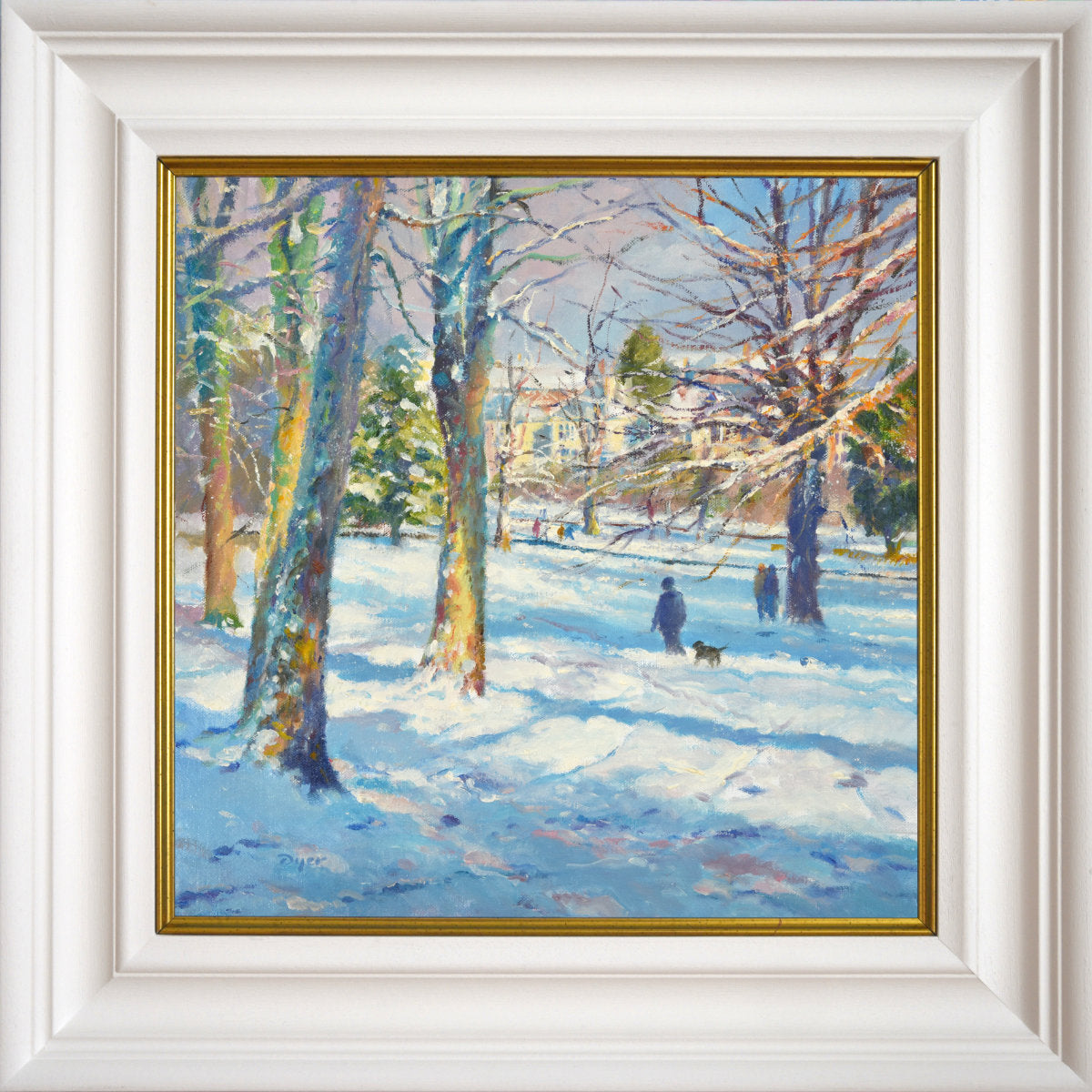 'First Fall of Snow, Kimberley Park, Falmouth', 14x14 inches oil on canvas. Snowscape Painting by Cornish Artist Ted Dyer.
