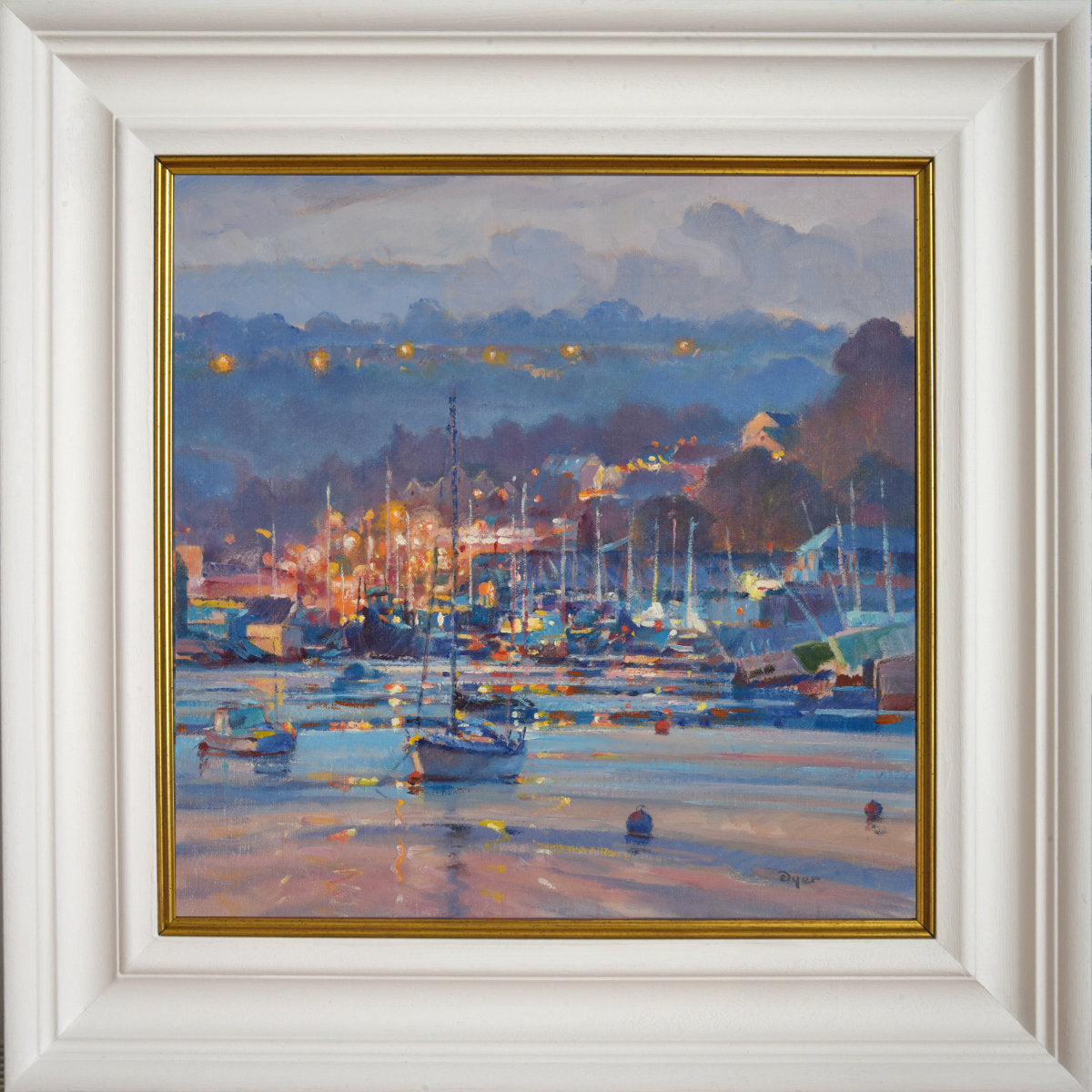 'Lights over the Moorings, Penryn River', 14x14 inches oil on canvas. Seascape Painting by Cornish Artist Ted Dyer. Ted Dyer
