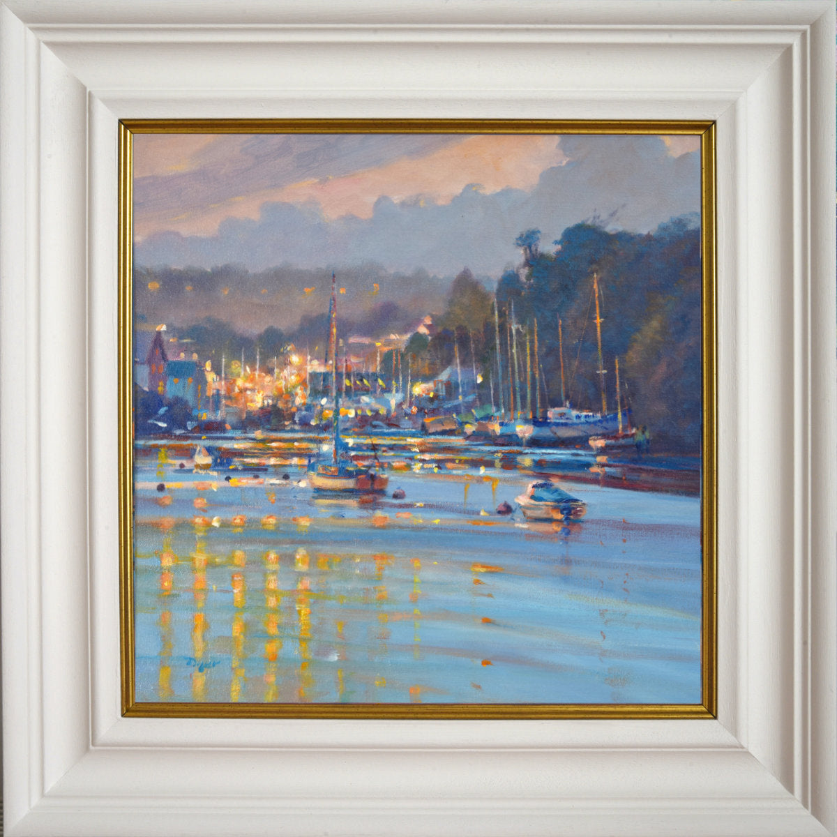 'Reflections at High Tide, Penryn River', 14x14 inches oil on canvas. Seascape Painting by Cornish Artist Ted Dyer.