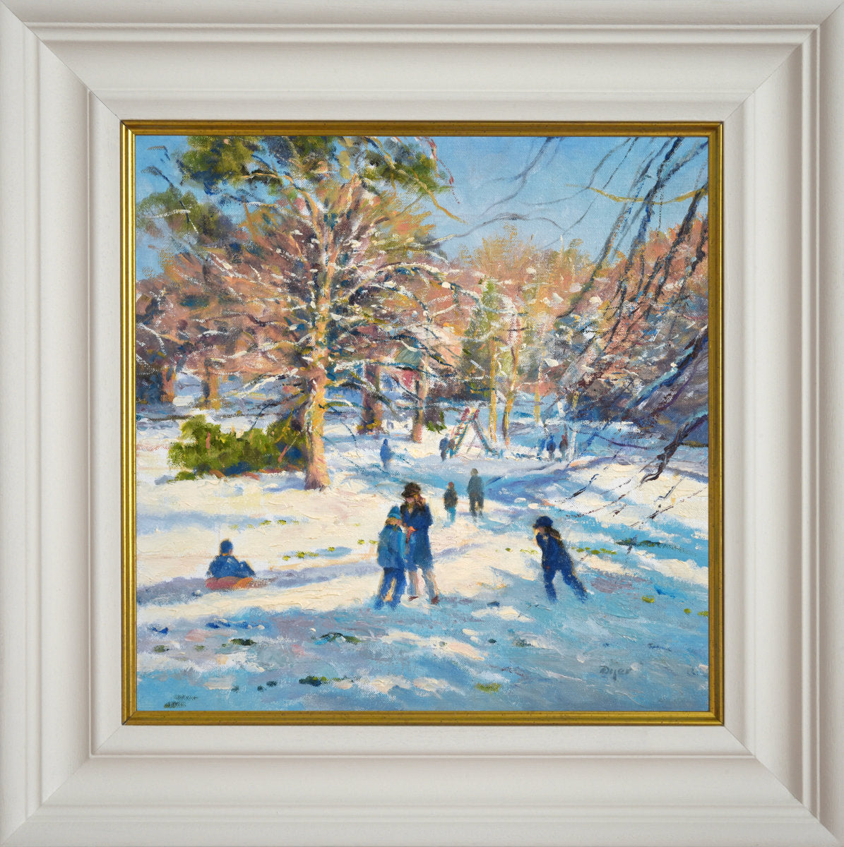 'Sunshine and Snow, Kimberley Park, Falmouth', 14x14 inches oil on canvas. Snowscape Painting by Cornish Artist Ted Dyer.
