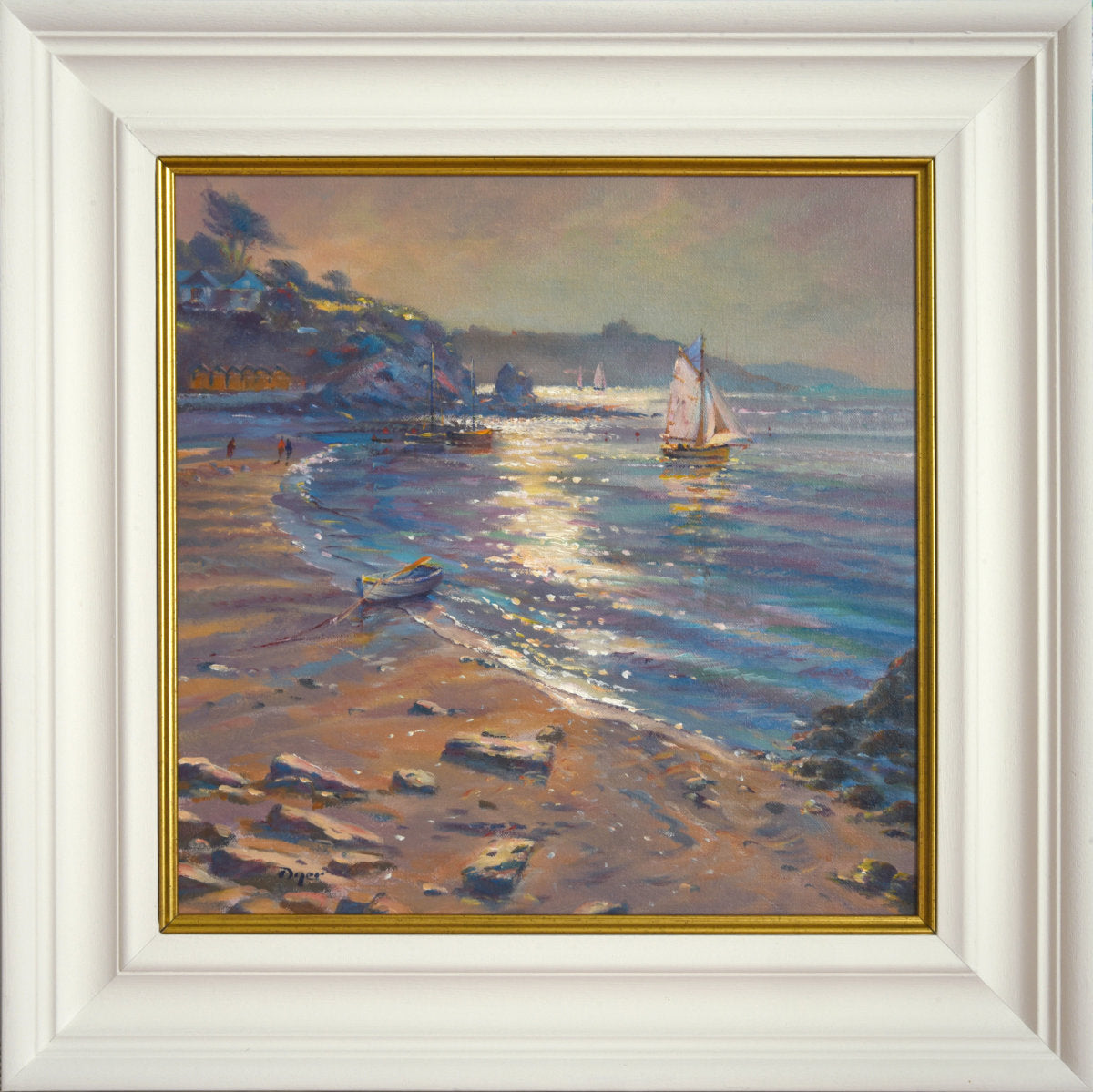 'Into the Light, Swanpool Beach', 14x14 inches oil on canvas. Seascape Painting by Cornish Artist Ted Dyer.
