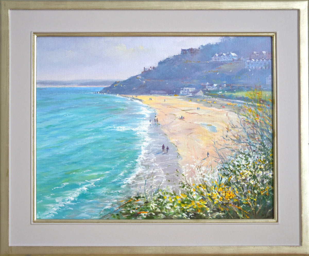 'Soft Spring light, Porthminster Beach, St Ives', 14x18 inches original art oil on canvas. Seascape Painting of Cornwall by Artist Ted Dyer. Ted Dyer