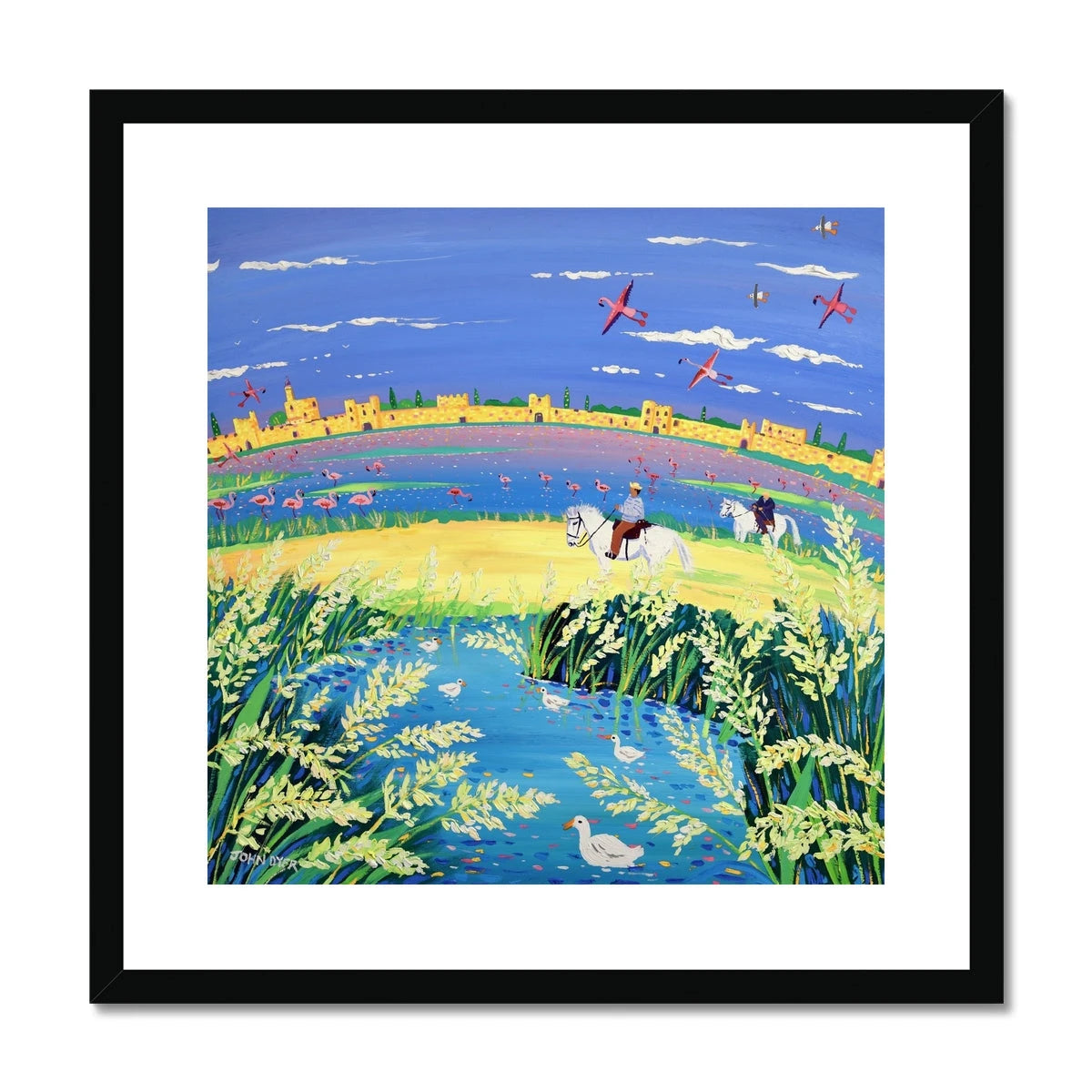 John Dyer Framed Open Edition French Art Print. 'The Spirit of the Camargue, White Horses, Rice and Flamingoes, Aigues-Mortes, Provence'. John Dyer