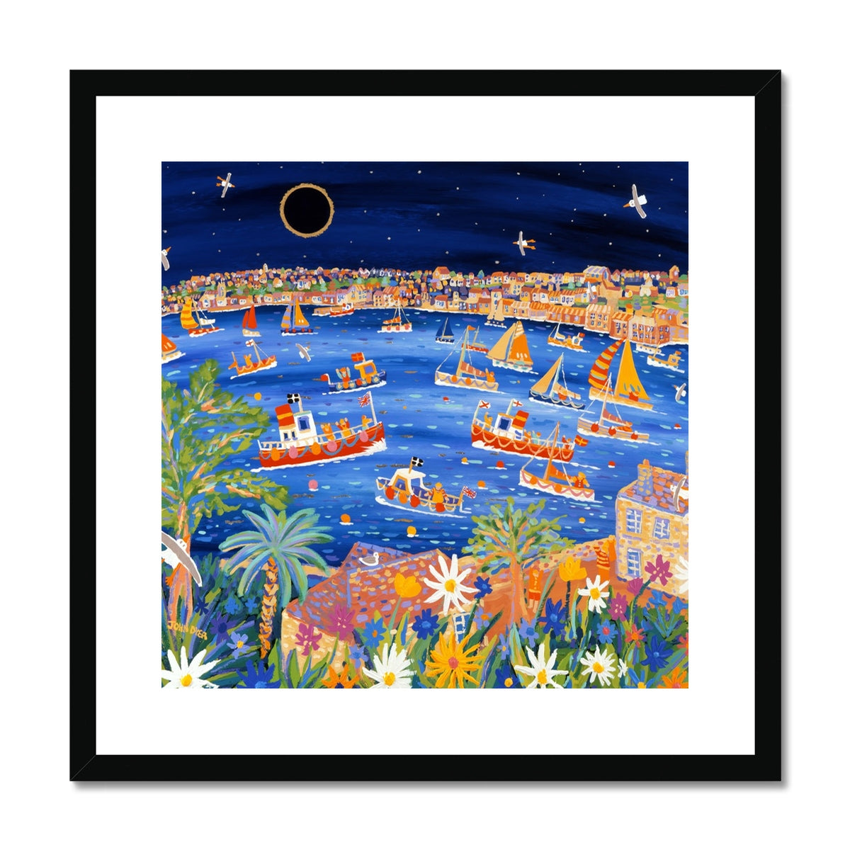 John Dyer Framed Open Edition Cornish Art Print. 'Sailing Beneath the Eclipse, Falmouth, Cornwall'.