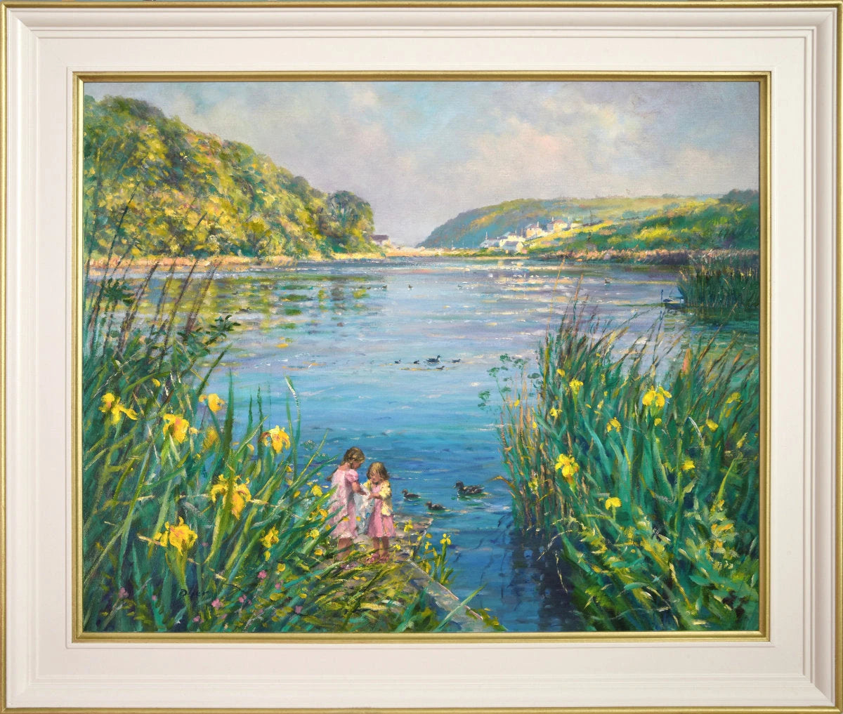 'Blue Water and Wild Iris, Swanpool', 20x24 inches Original Art, Oil on Canvas. Lakeside Painting of Cornwall by Artist Ted Dyer. Ted Dyer