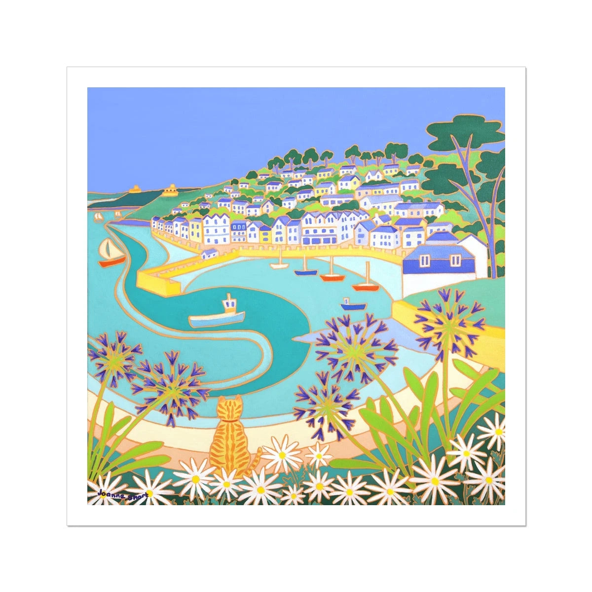 Joanne Short Fine Art Open Edition Cornish Coastal Art Print 'Ginger Cat on the Wall, St Mawes'. Cornwall Art Gallery Joanne Short