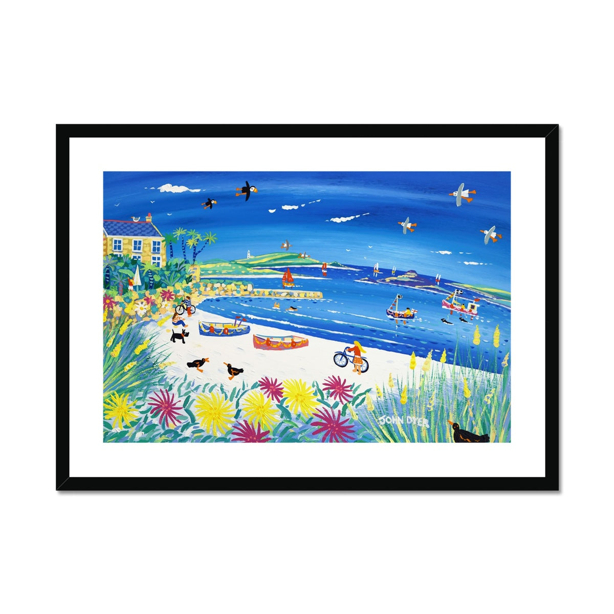 John Dyer Coastal Art Framed Open Edition Art Print. 'Bikes on the Beach, Old Grimsby, Tresco'. Gallery Tresco Print