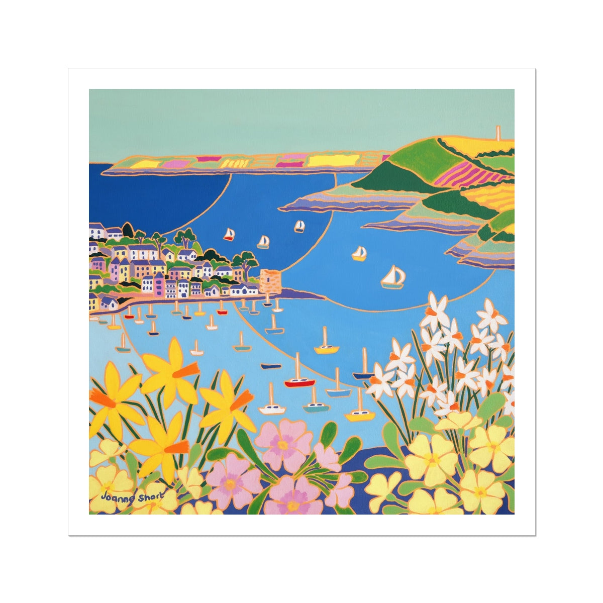 Joanne Short Open Edition Cornish Art Print. 'Spring Flowers Polruan, Fowey River'. Cornwall Art Gallery