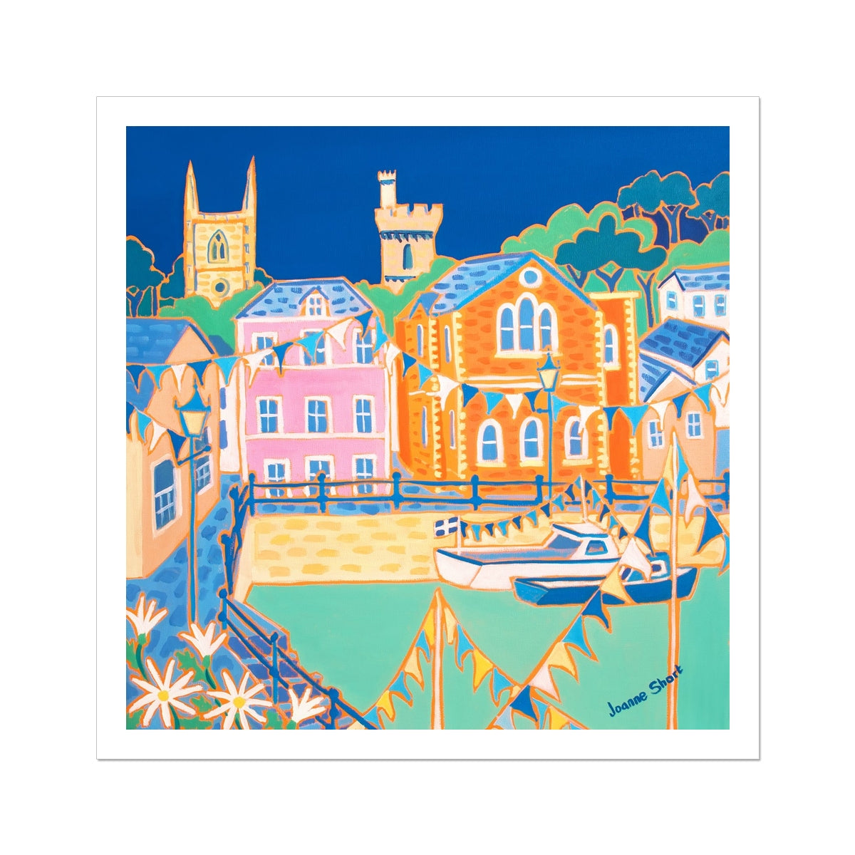 Joanne Short Open Edition Cornish Art Print. 'Daisies and Bunting Fowey'. Cornwall Art Gallery