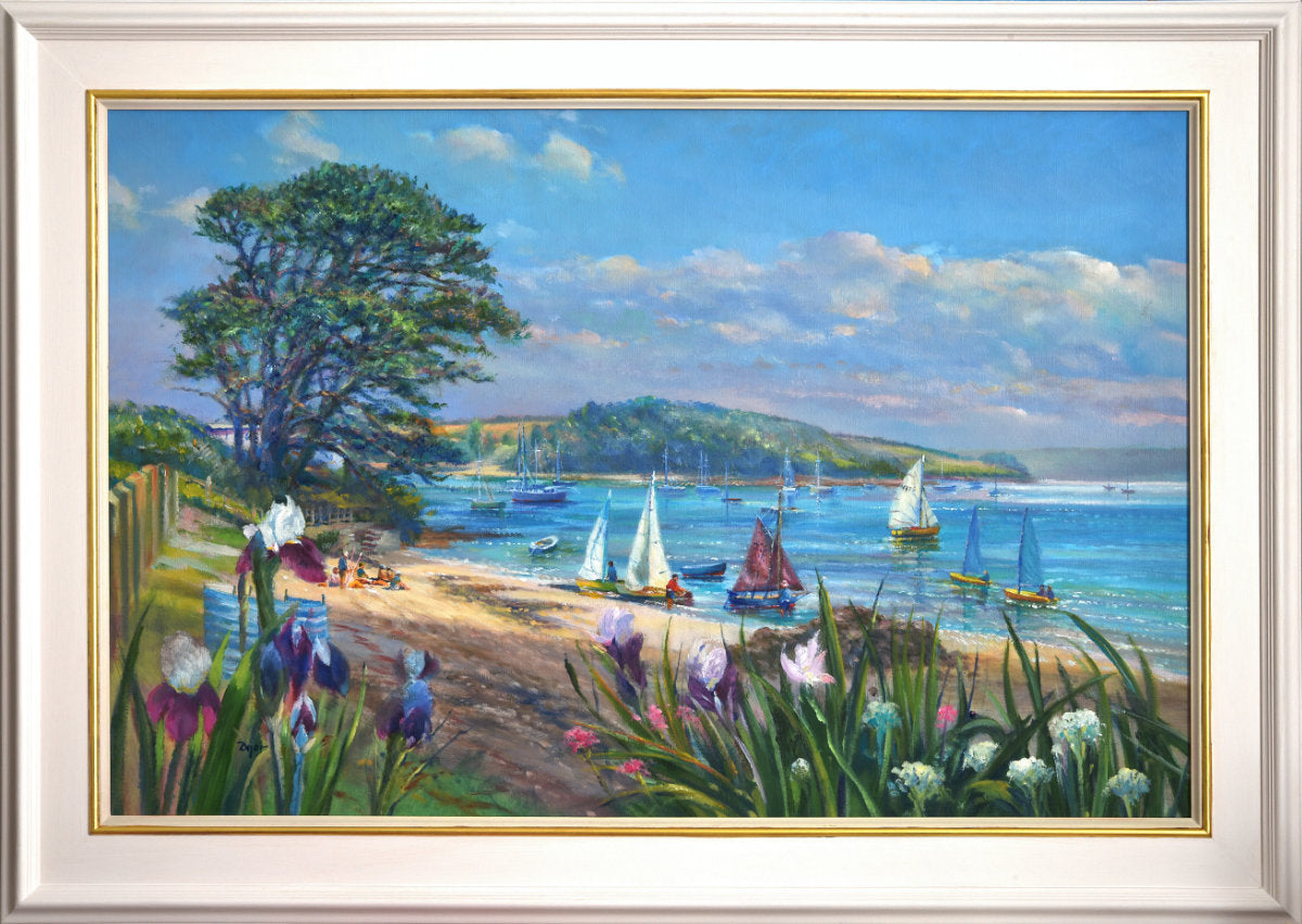 'Wild Irises and Sailing Boats at St Mawes', 24x36 inches oil on canvas. Seascape Painting of Cornwall by Cornish Artist Ted Dyer.