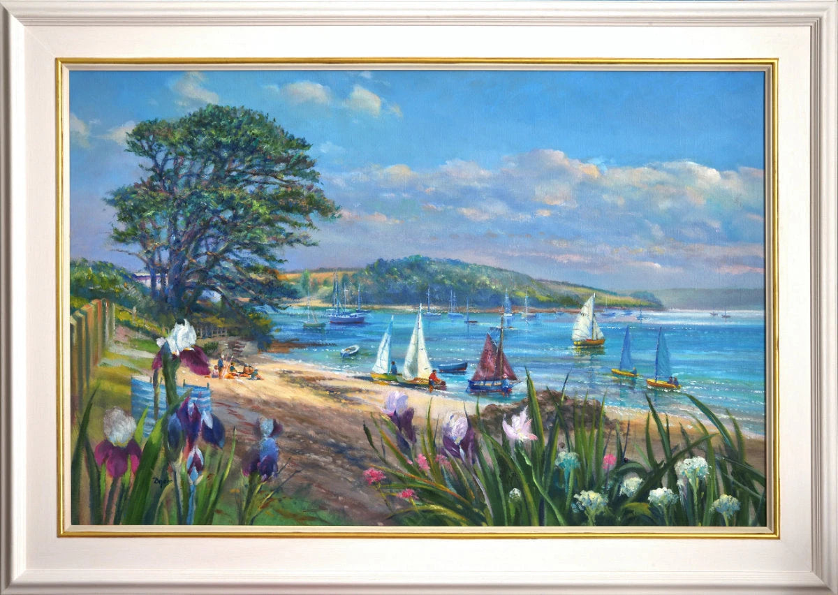 'Wild Irises and Sailing Boats at St Mawes', 24x36 inches oil on canvas. Seascape Painting of Cornwall by Cornish Artist Ted Dyer. Ted Dyer