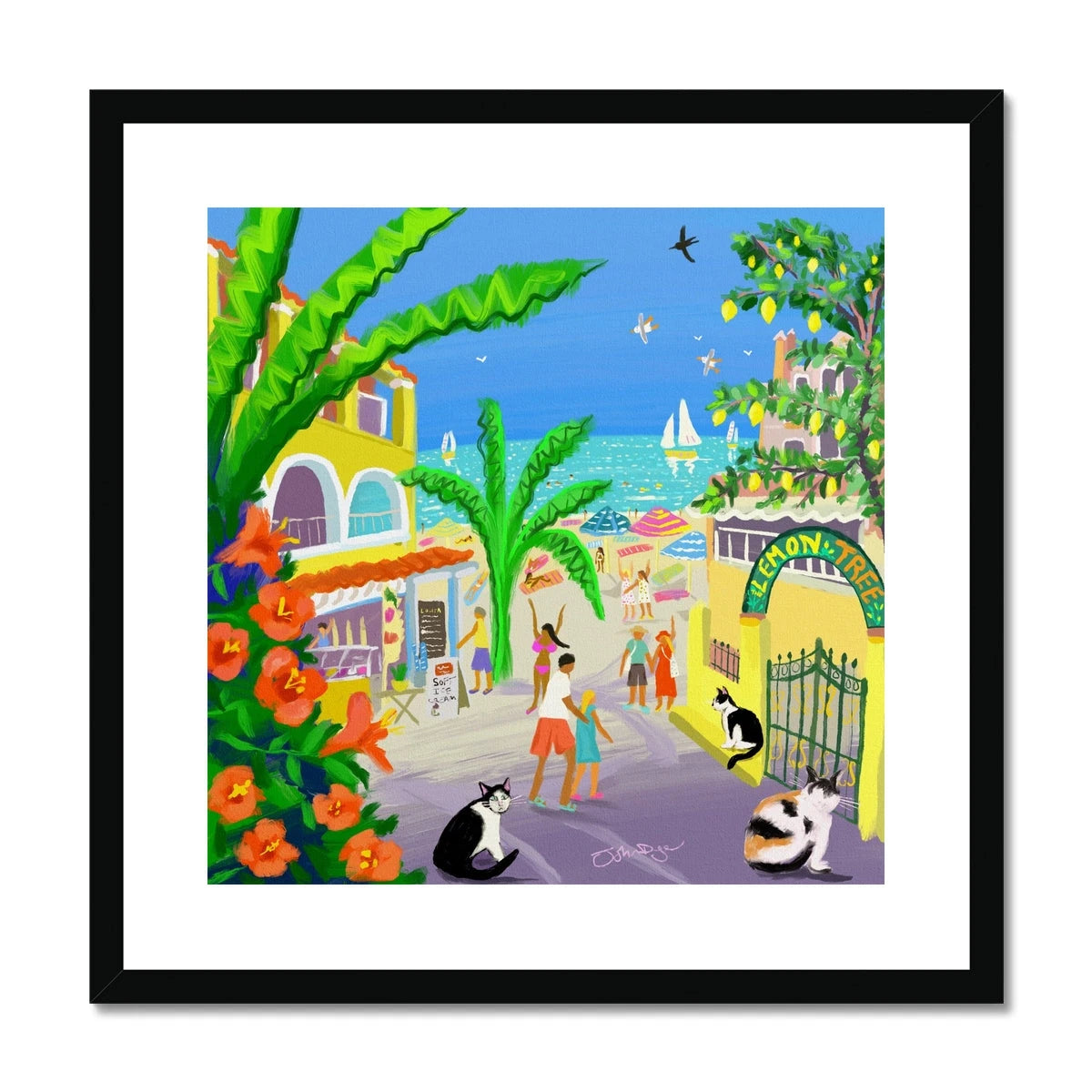 John Dyer Greece Artwork. Framed Open Edition Art Print. 'Strolling Past Corfu Cats, Agios Gordios, Greece'. Greek Art Gallery John Dyer