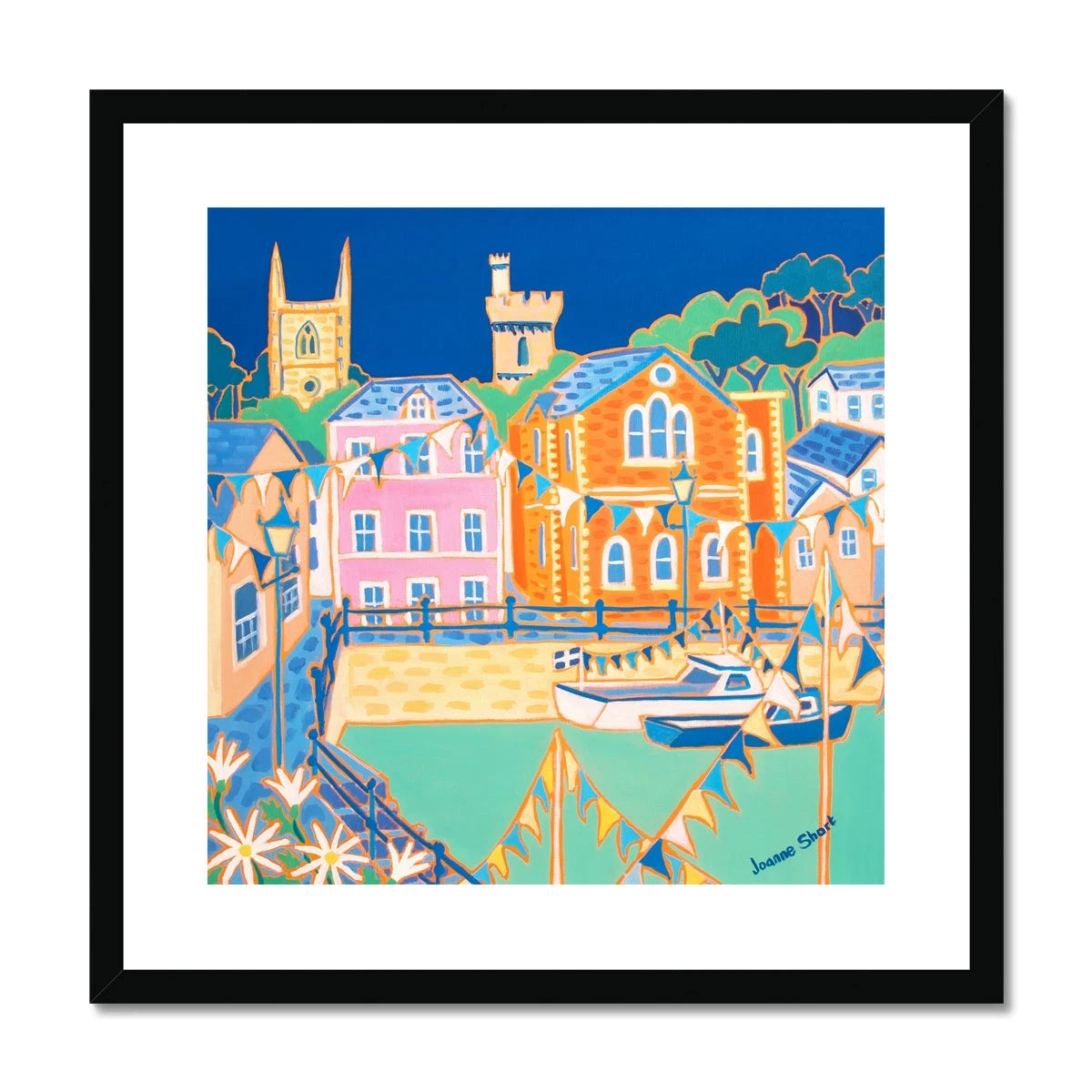 Joanne Short Framed Open Edition Cornish Art Print. 'Daisies and Bunting Fowey'. Cornwall Art Gallery Joanne Short