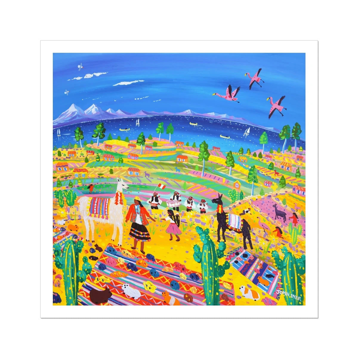 John Dyer Fine Art Peruvian Print 'Music and Llamas at the Potato Harvest, Taquile Island, Peru'. Open Edition Art Print John Dyer