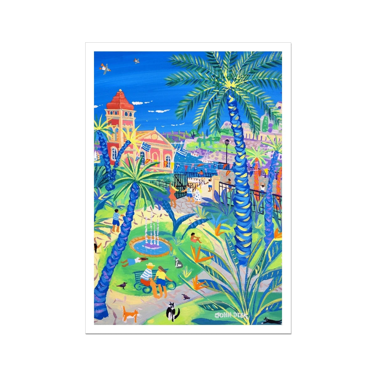 John Dyer Greece Artwork. Open Edition Greek Art Print of Corfu. 'Cats, Families, and Fun in the Garden of the People, Corfu Town Greece'. John Dyer