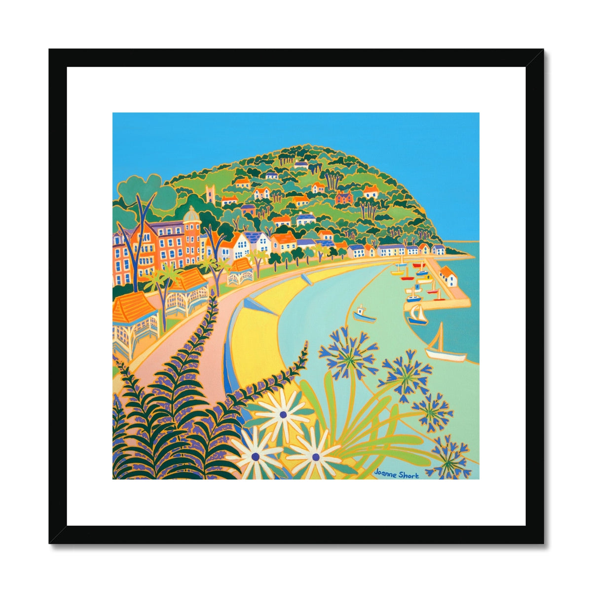 Joanne Short Framed Open Edition Cornish Garden Art Print. 'Seafront Flowers, Minehead'