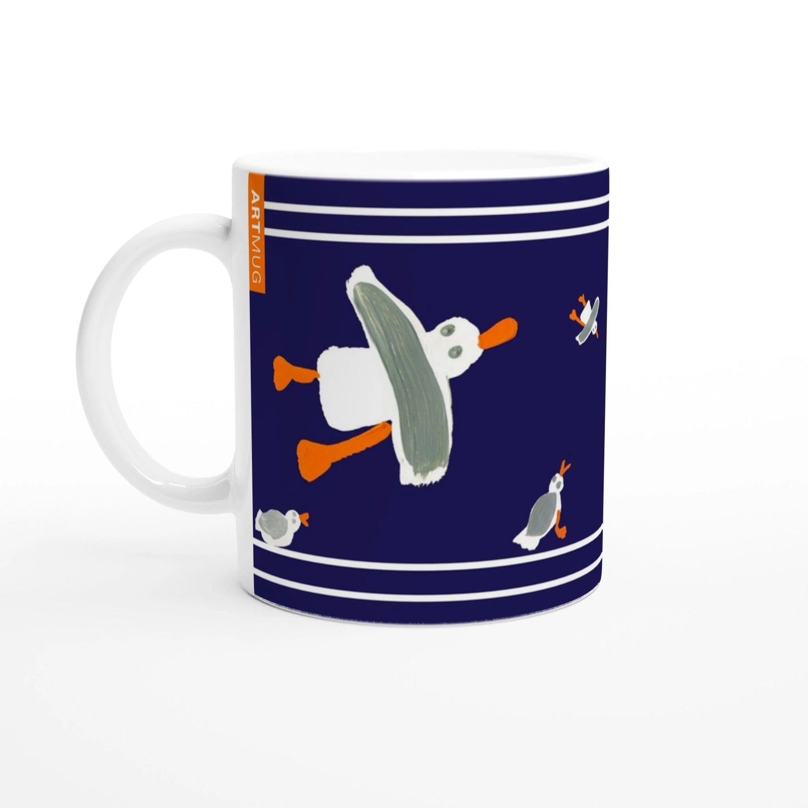 John Dyer Ceramic Cornish Art Mug with Cornish Seagulls. Deep Blue John Dyer