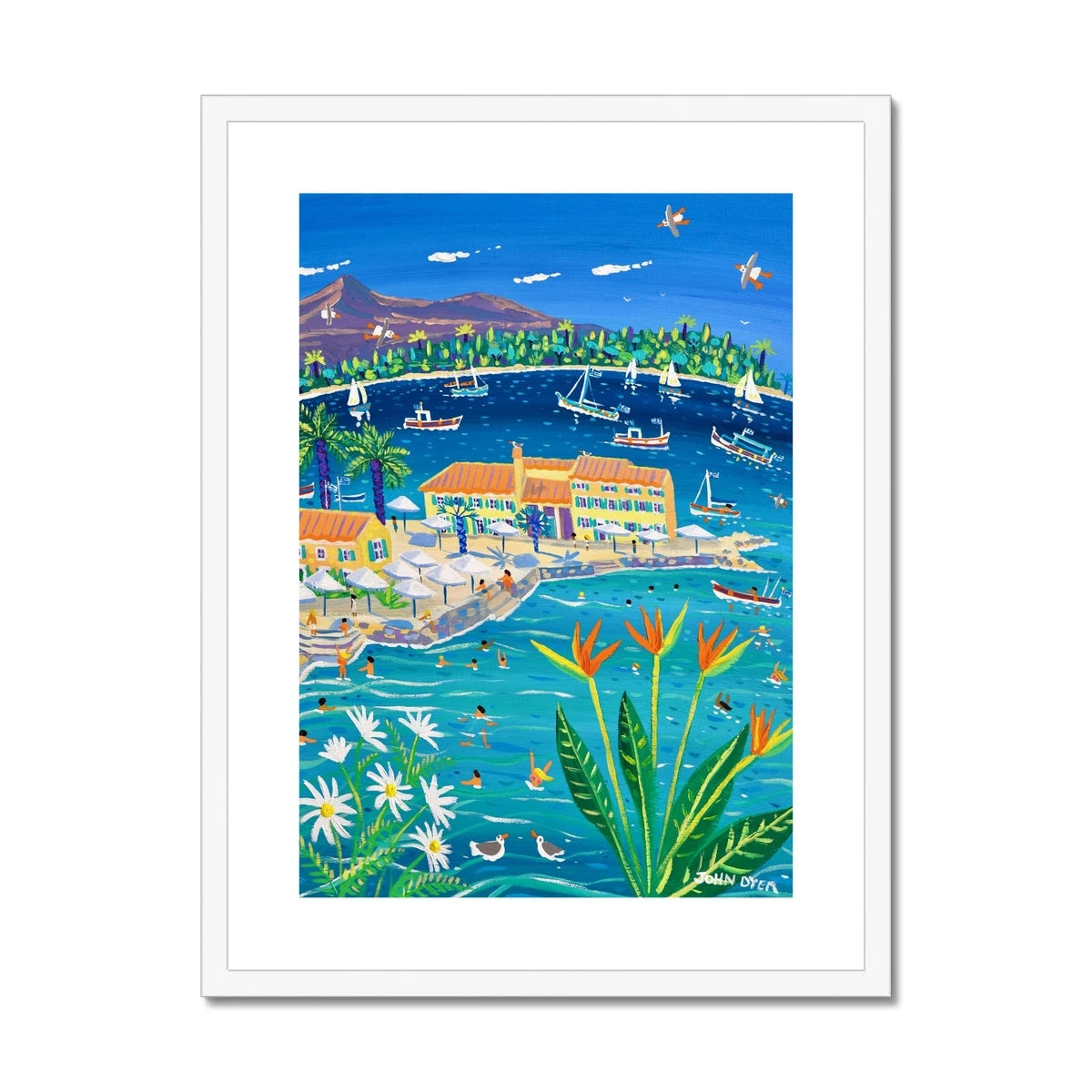 John Dyer Greece Artwork. Framed Open Edition Art Print. 'Sun-Drenched Days, Faliraki, Corfu Town, Greece' Greek Art Gallery John Dyer