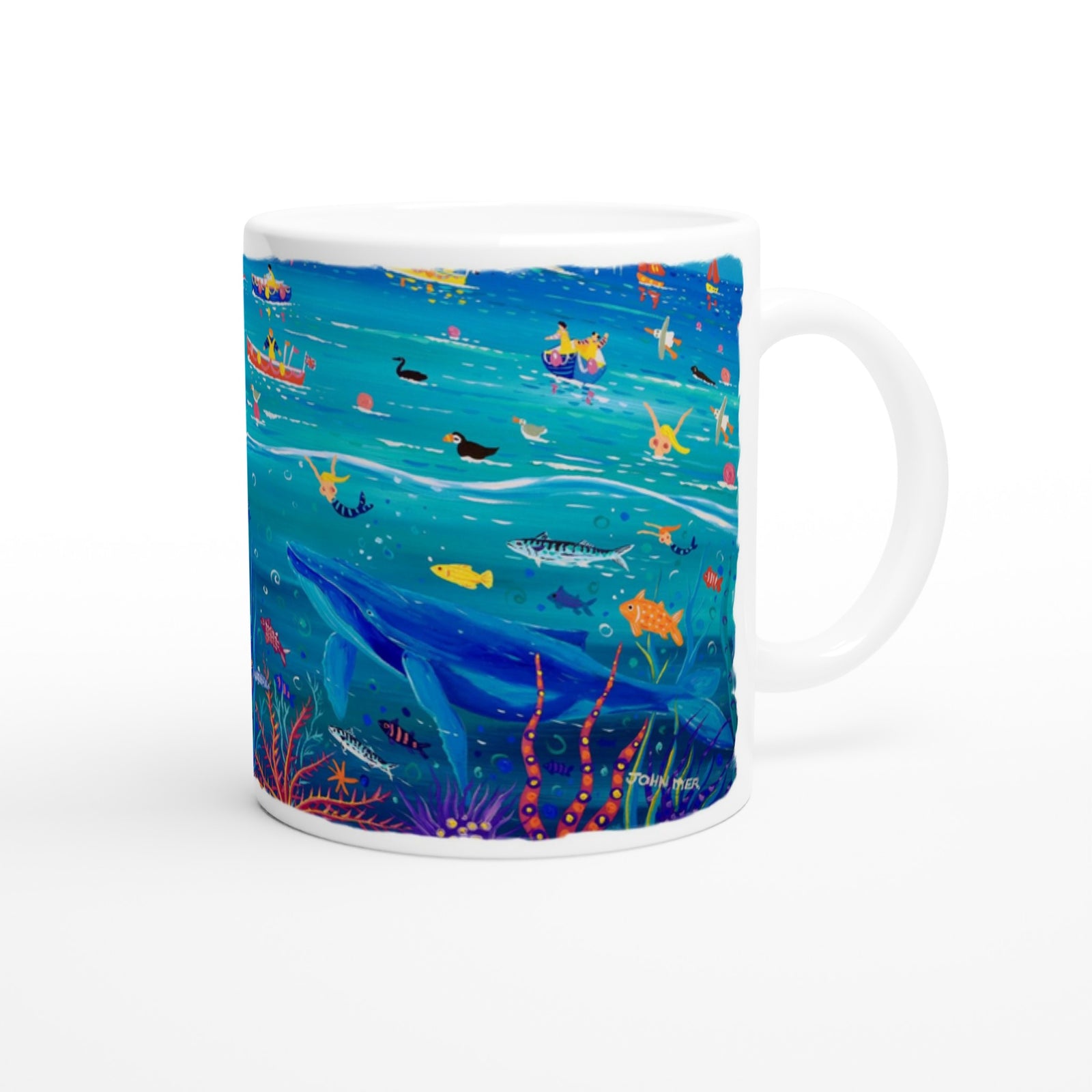 John Dyer Ceramic Cornish Art Mug. 'Underwater Wonders, Mount’s Bay Whale'