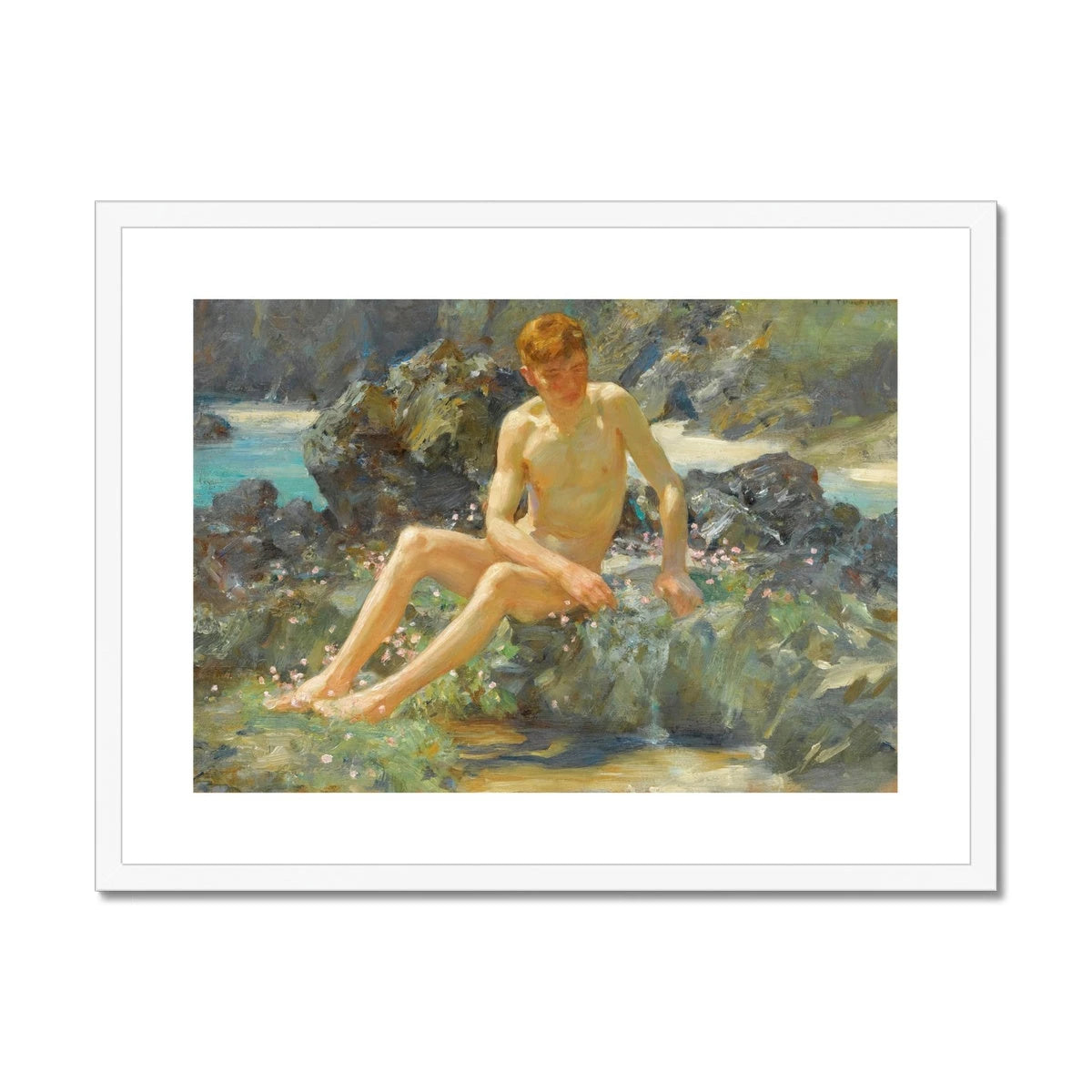 Nude on the Rocks by Henry Scott Tuke. Framed Open Edition Fine Art Print. Historic Art Henry Scott Tuke