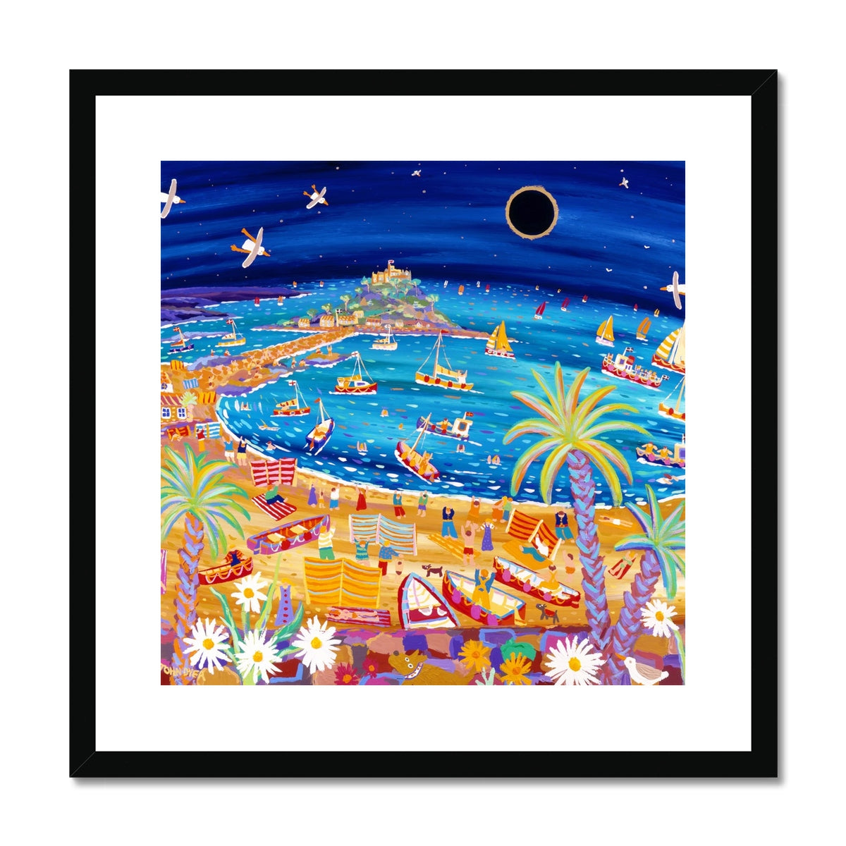 John Dyer Framed Open Edition Cornish Art Print. 'Excitement under the Stars, Mounts Bay Eclipse, Cornwall'.