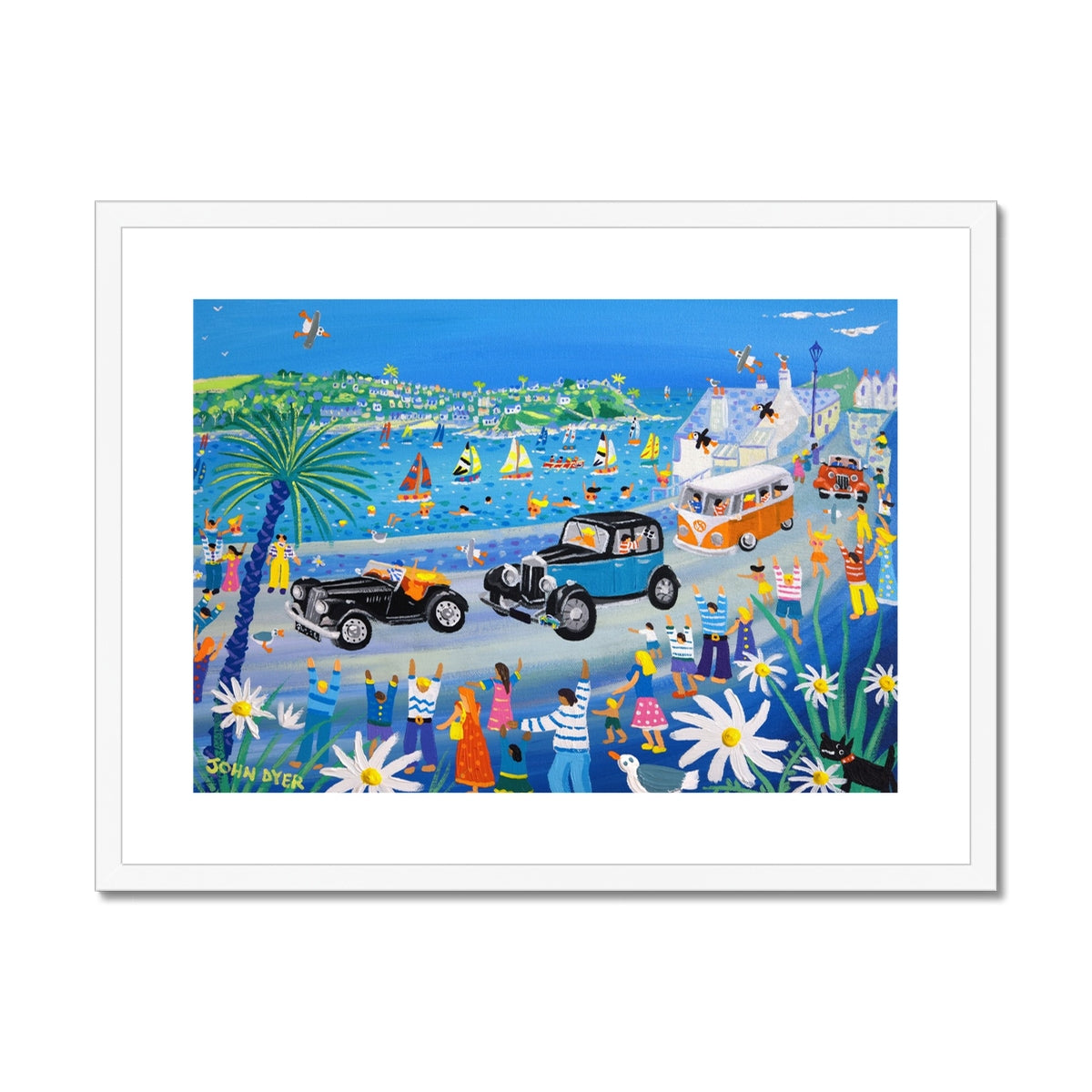John Dyer Framed Open Edition Cornish Art Print. 'Summer Fun at the Fowey Classic Car Parade, Cornwall'. White frame