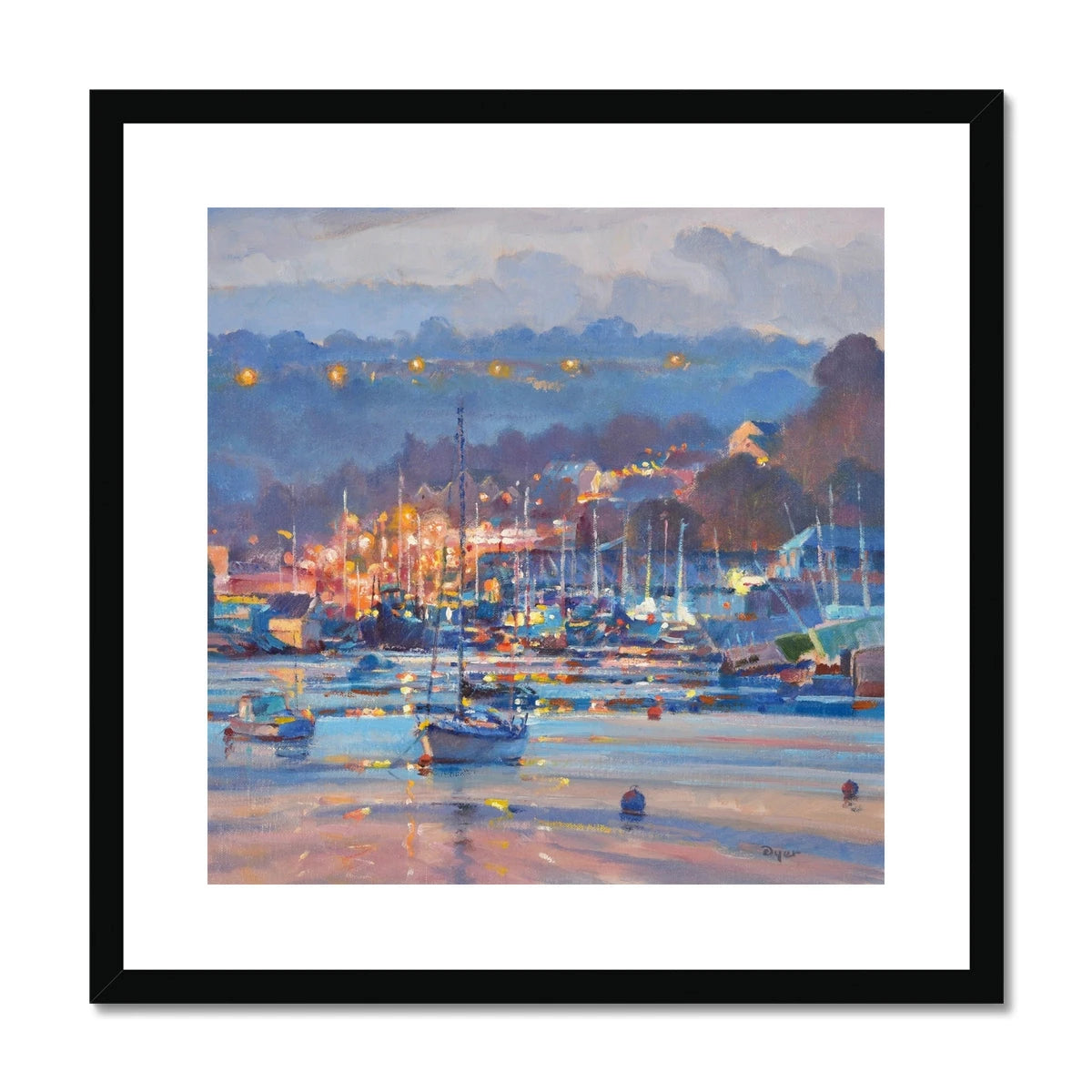 'Lights over the Moorings, Penryn River' by Ted Dyer. Framed Open Edition Coastal Cornish Fine Art Print. Ted Dyer