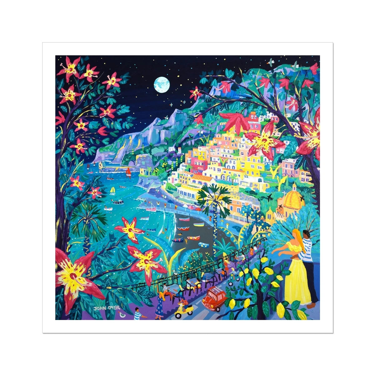 John Dyer Fine Art Print. Open Edition Italian Art Print. 'Love under an Italian Full Moon, Positano, Italy'. Italy Art Gallery John Dyer