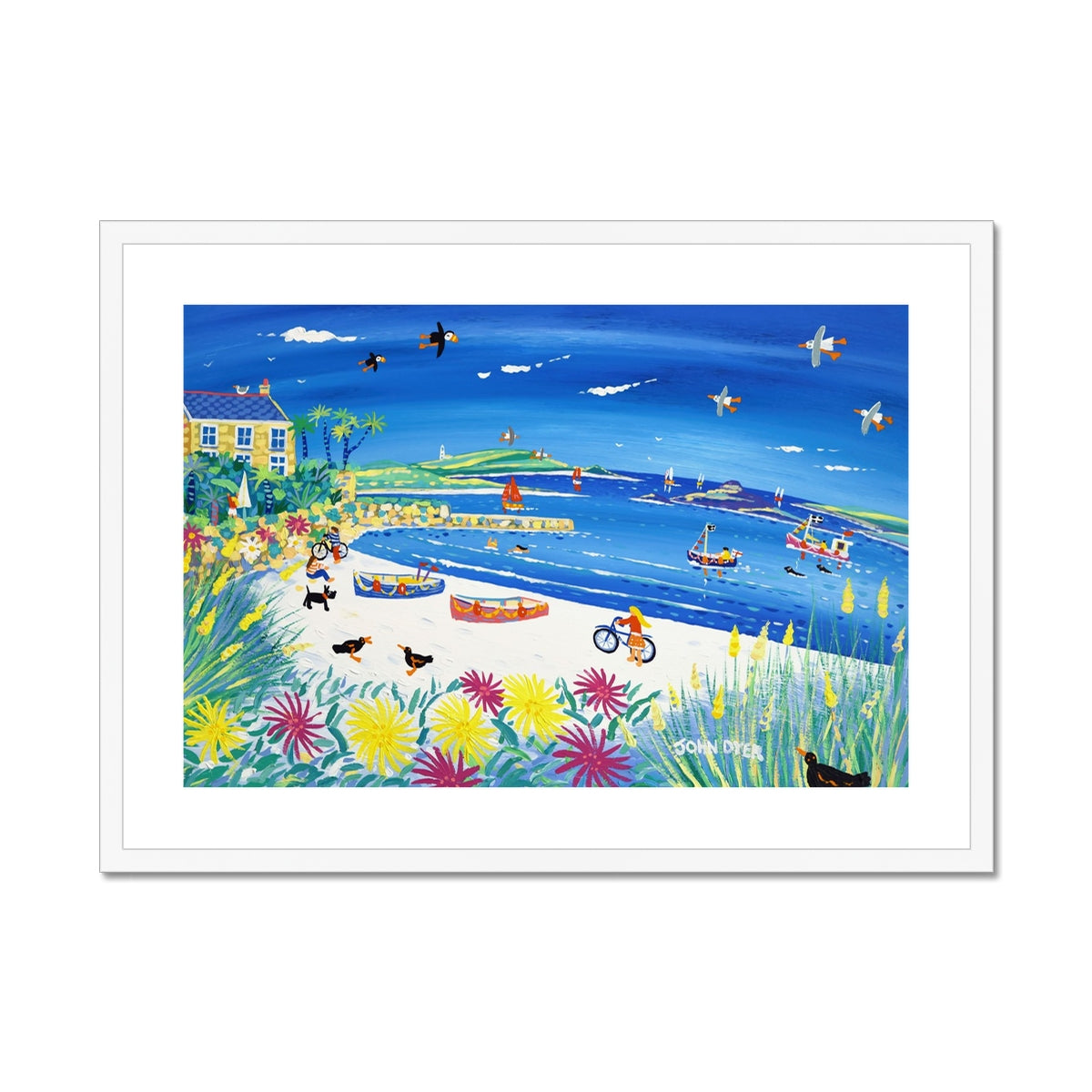 John Dyer Coastal Art Framed Open Edition Art Print. 'Bikes on the Beach, Old Grimsby, Tresco'. Gallery Tresco Print