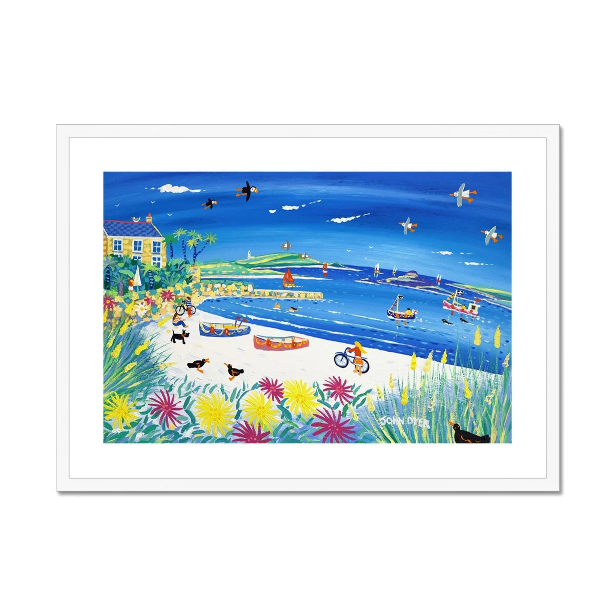 John Dyer Coastal Framed Open Edition Art Print. 'Bikes on the Beach, Old Grimsby, Tresco'. Gallery Tresco Print John Dyer