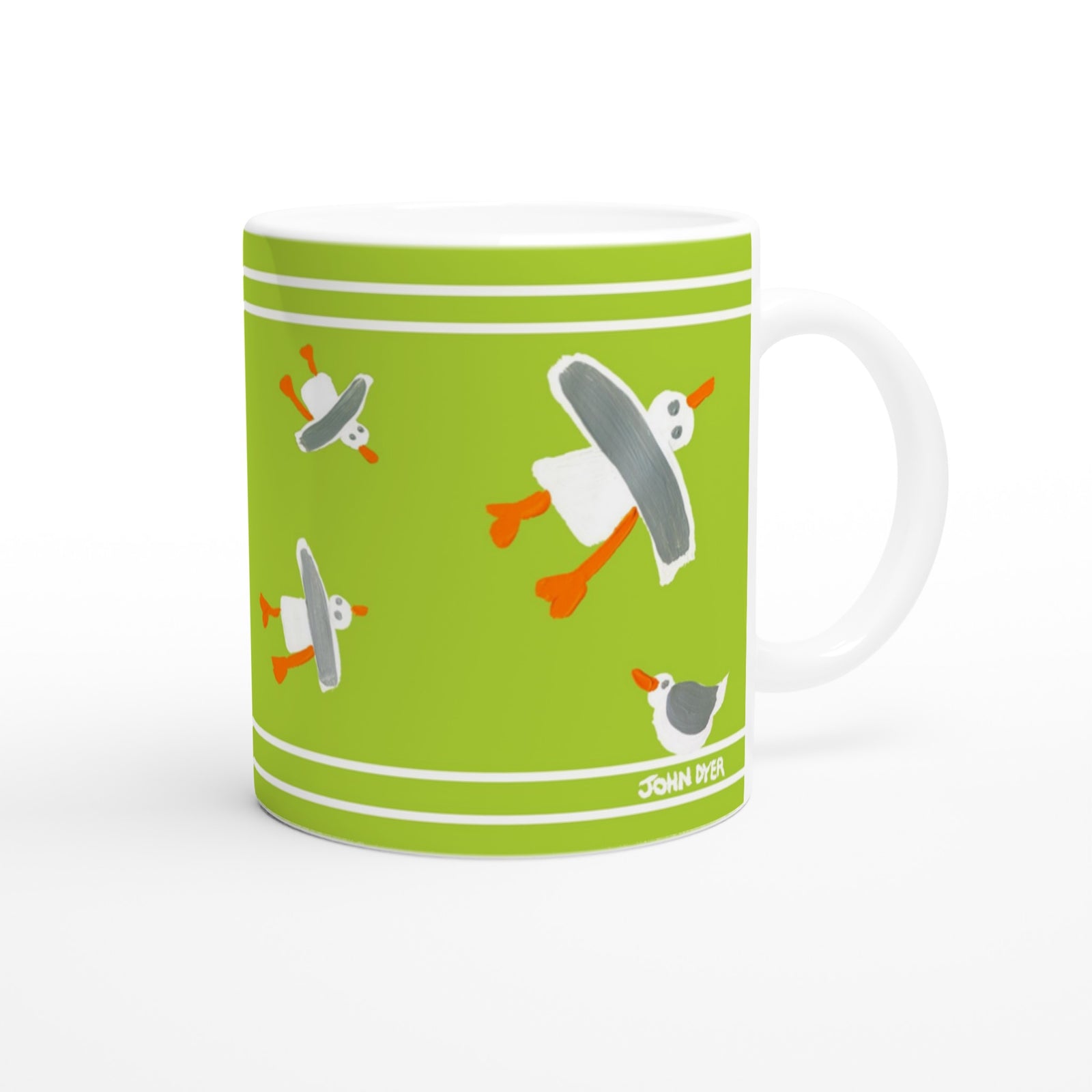 John Dyer Cornish Art Mug with Cornish Seagulls. Lime Green