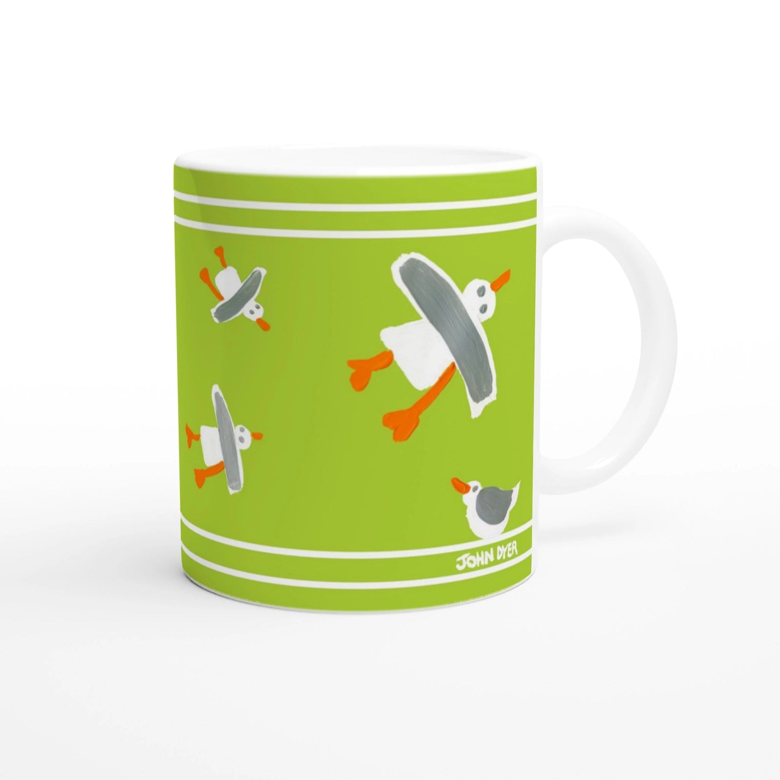John Dyer Cornish Art Mug with Cornish Seagulls. Lime Green John Dyer