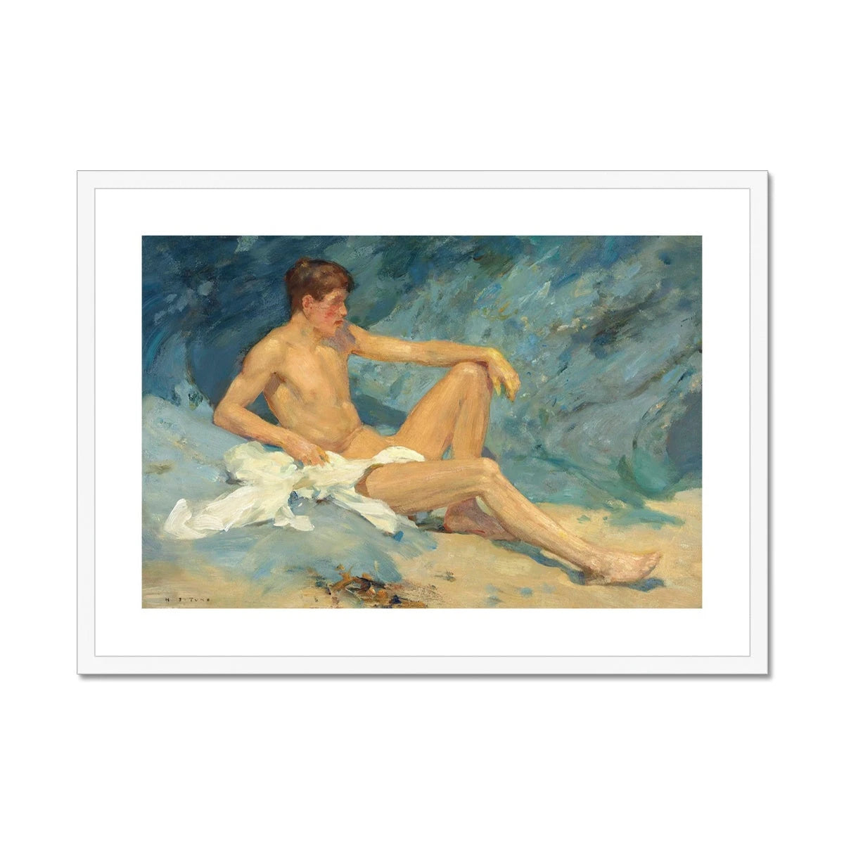A Male Nude Reclining on the Rocks by Henry Scott Tuke. Framed Open Edition Fine Art Print. Historic Art