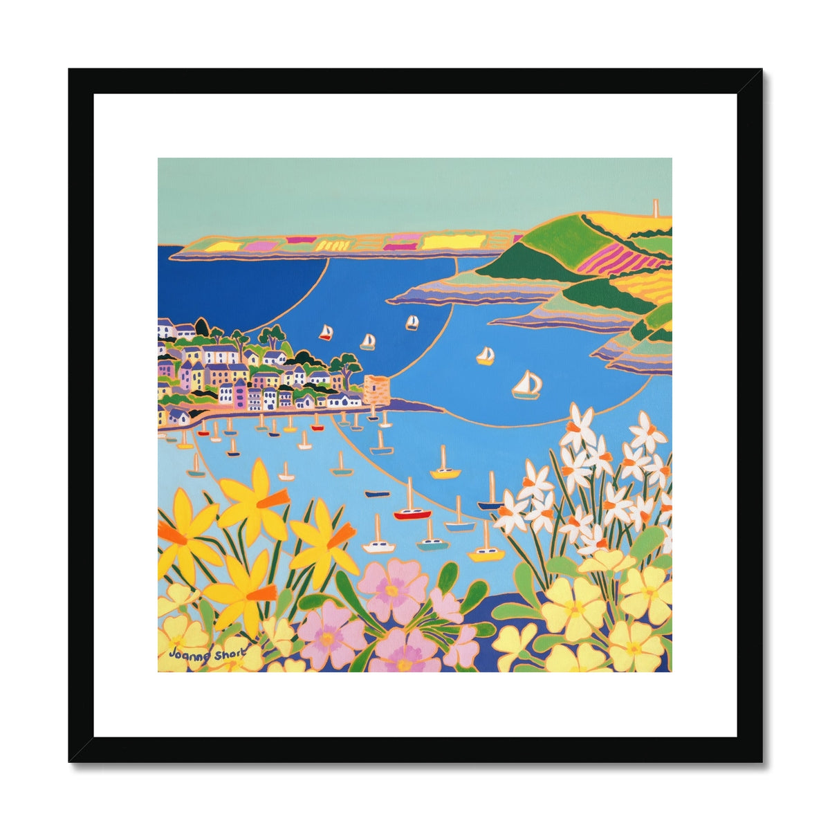 Joanne Short Framed Open Edition Cornish Art Print. 'Spring Flowers Polruan, Fowey River'. Cornwall Art Gallery