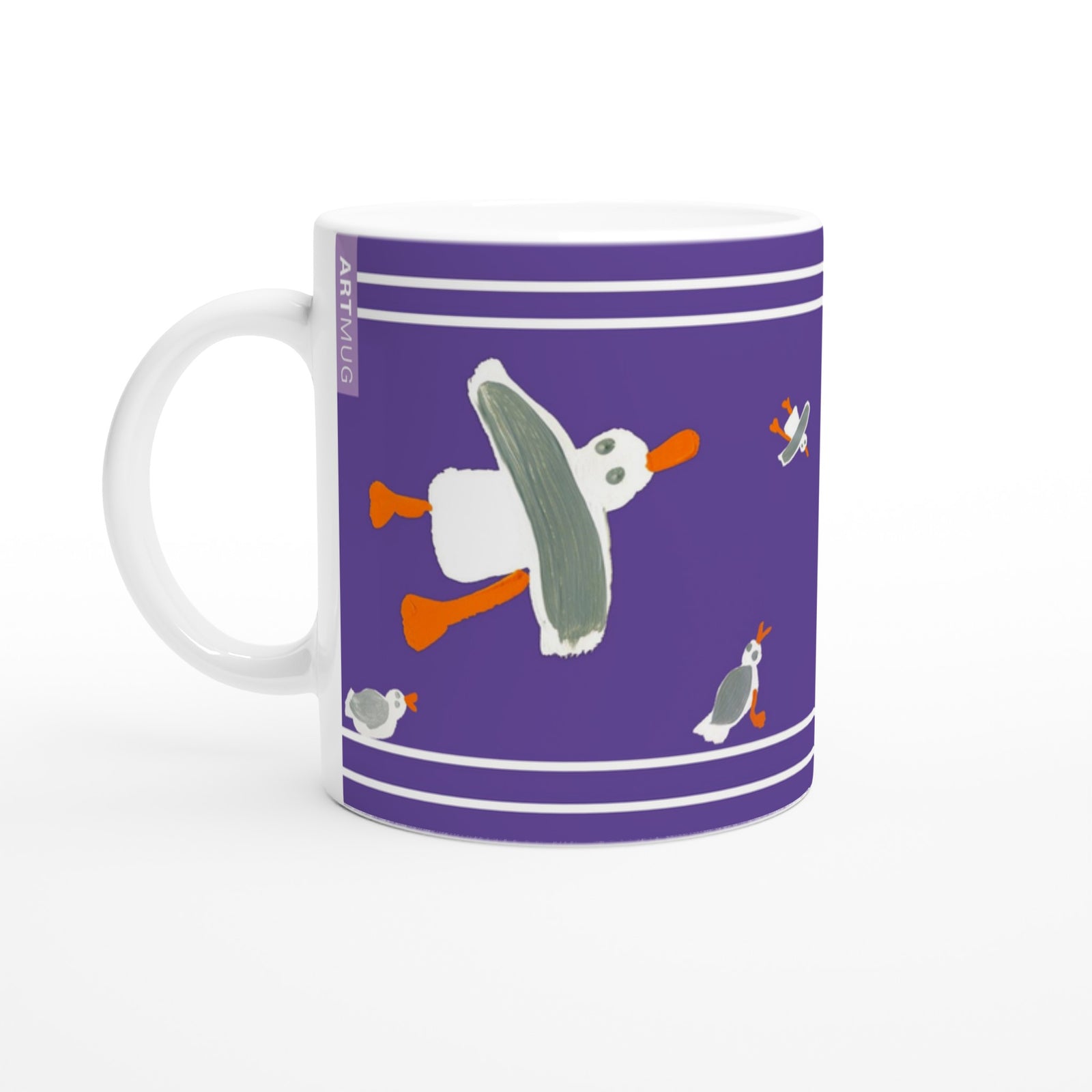 John Dyer Ceramic Cornish Art Mug with Cornish Seagulls. Purple